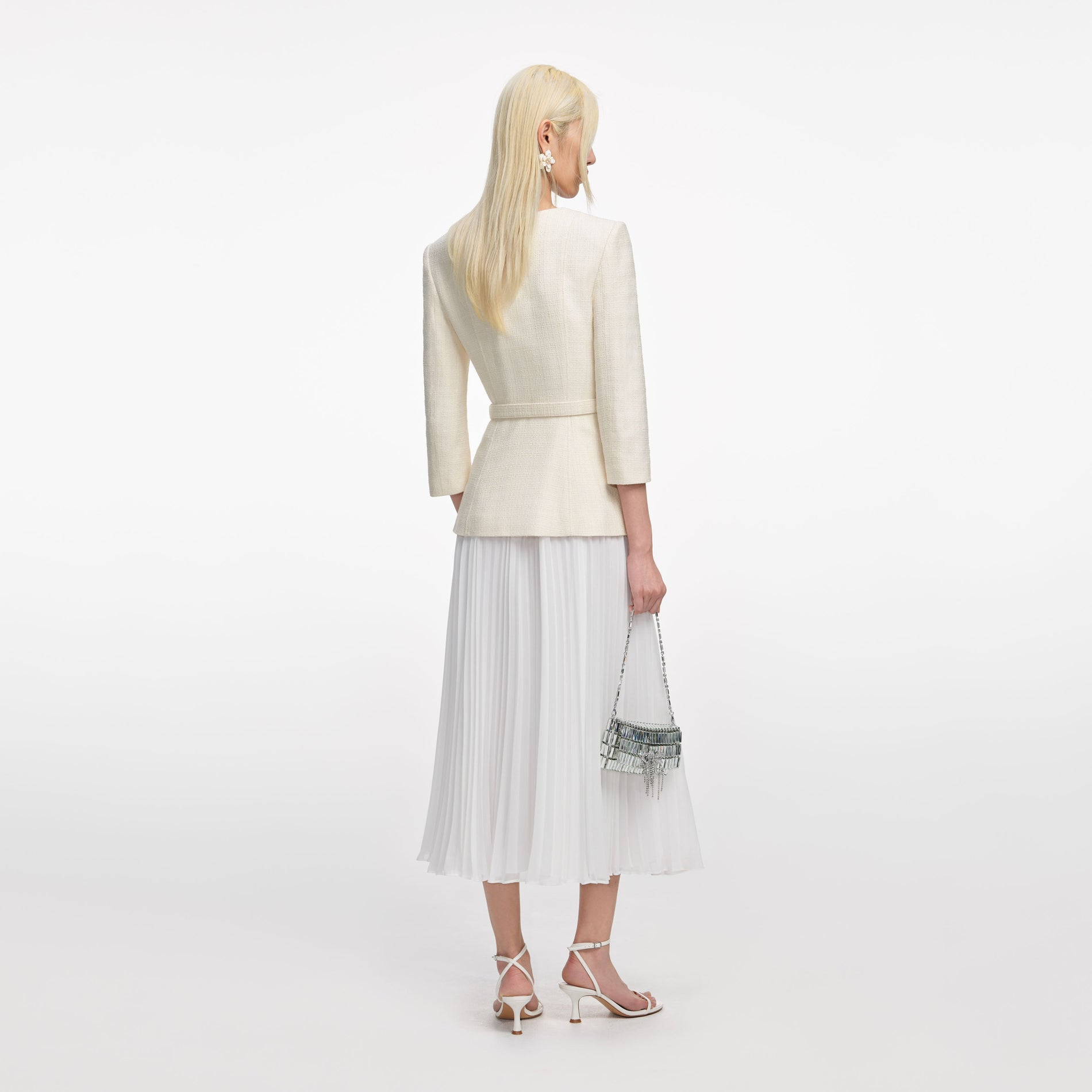 Cream Boucle Long Sleeve Chiffon Midi Dress