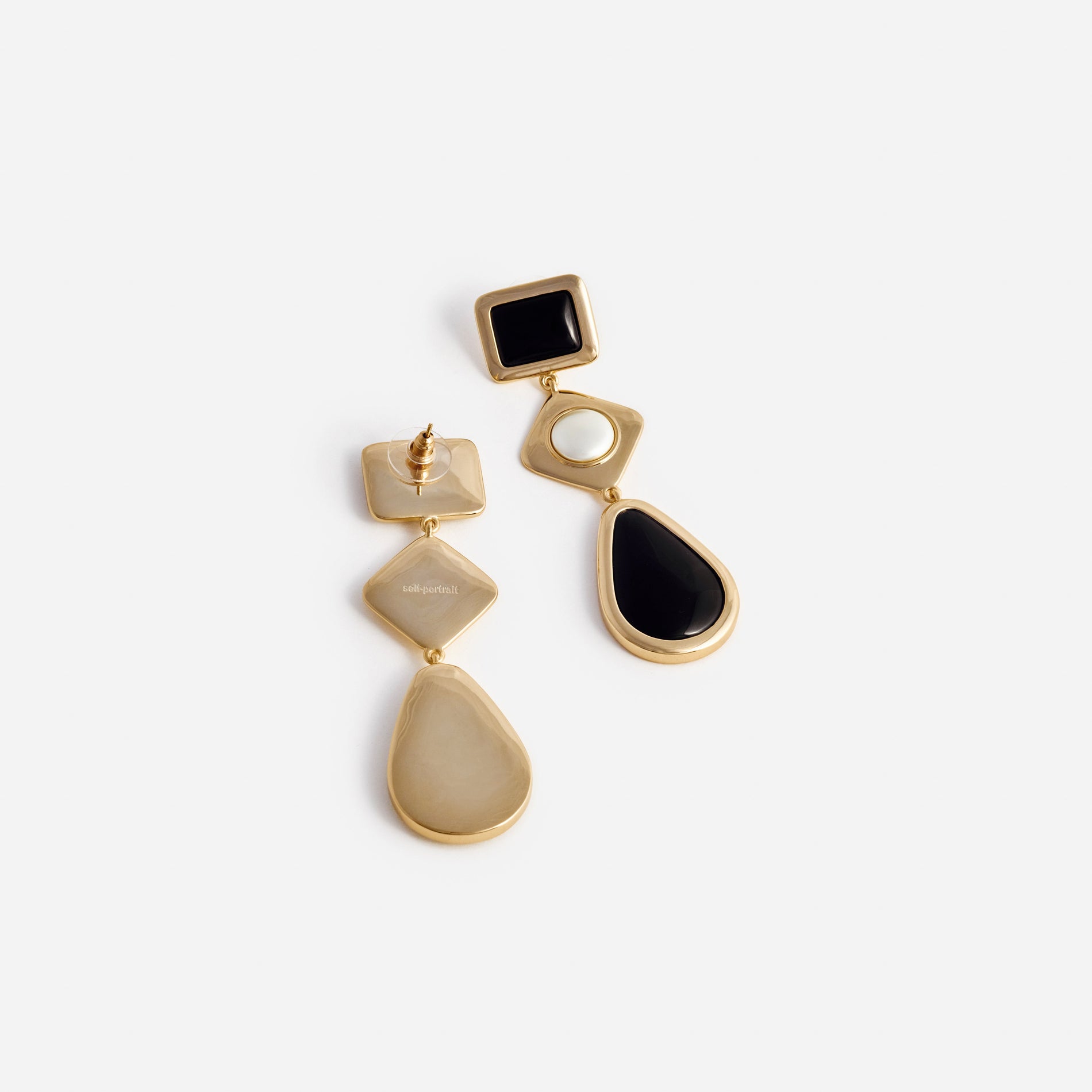 Black Enamel Gold Three Tiered Earrings