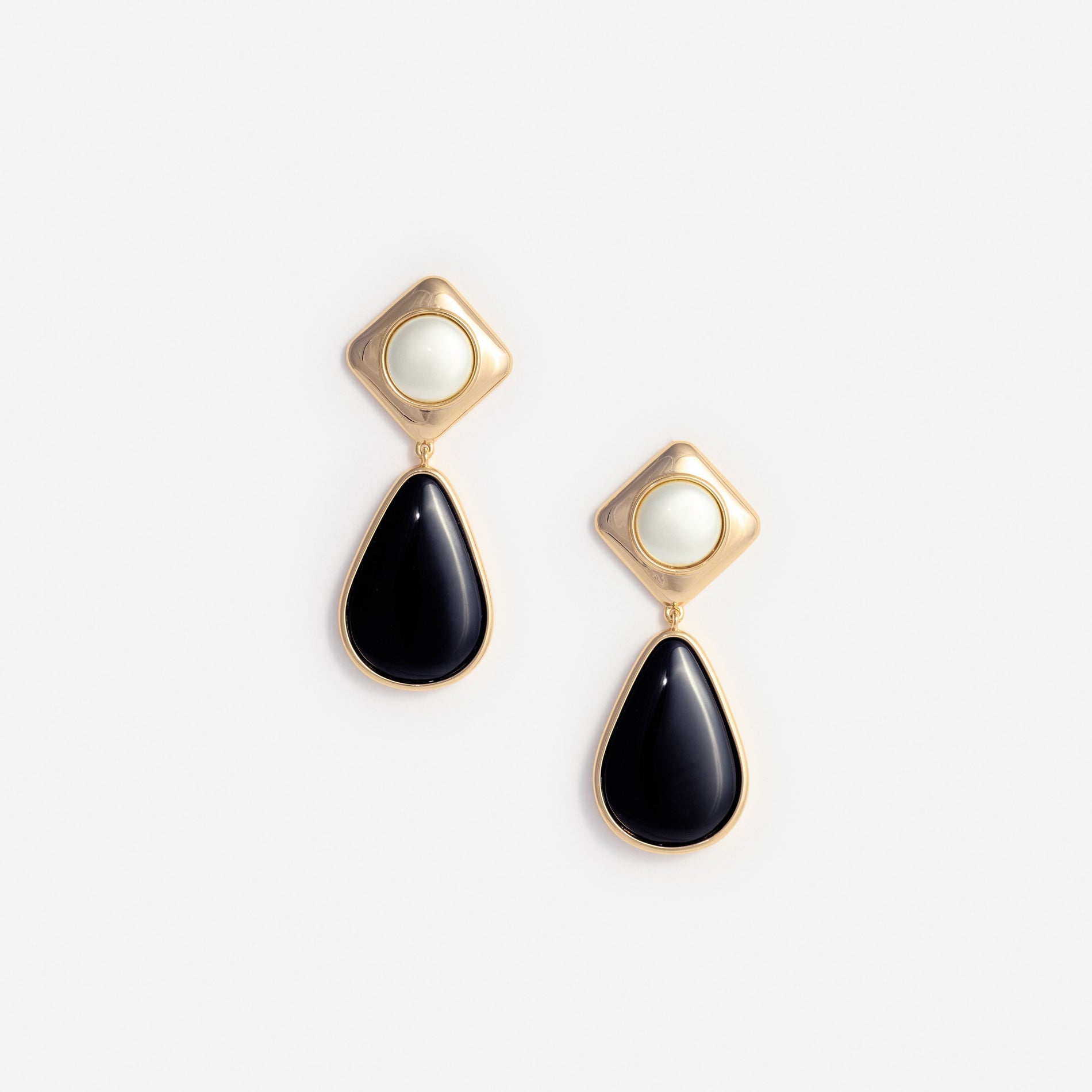 Black Enamel Gold Two Tiered Earrings