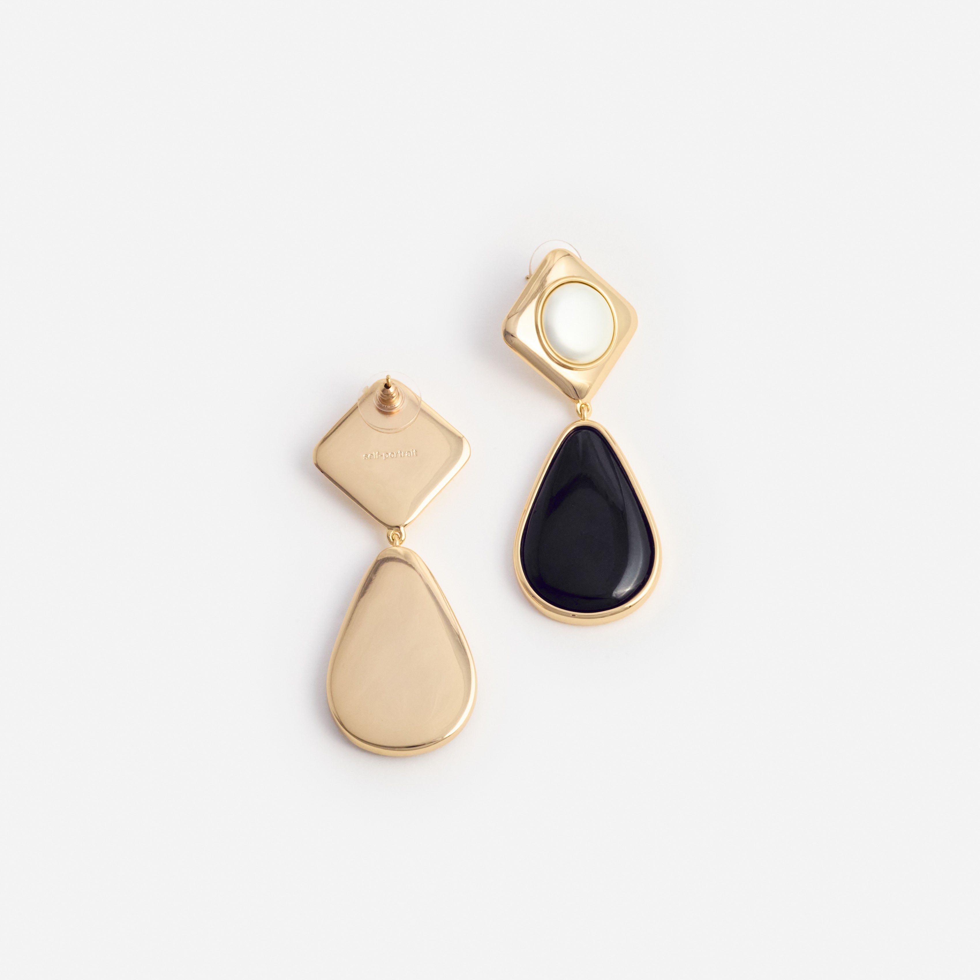 Black Enamel Gold Two Tiered Earrings