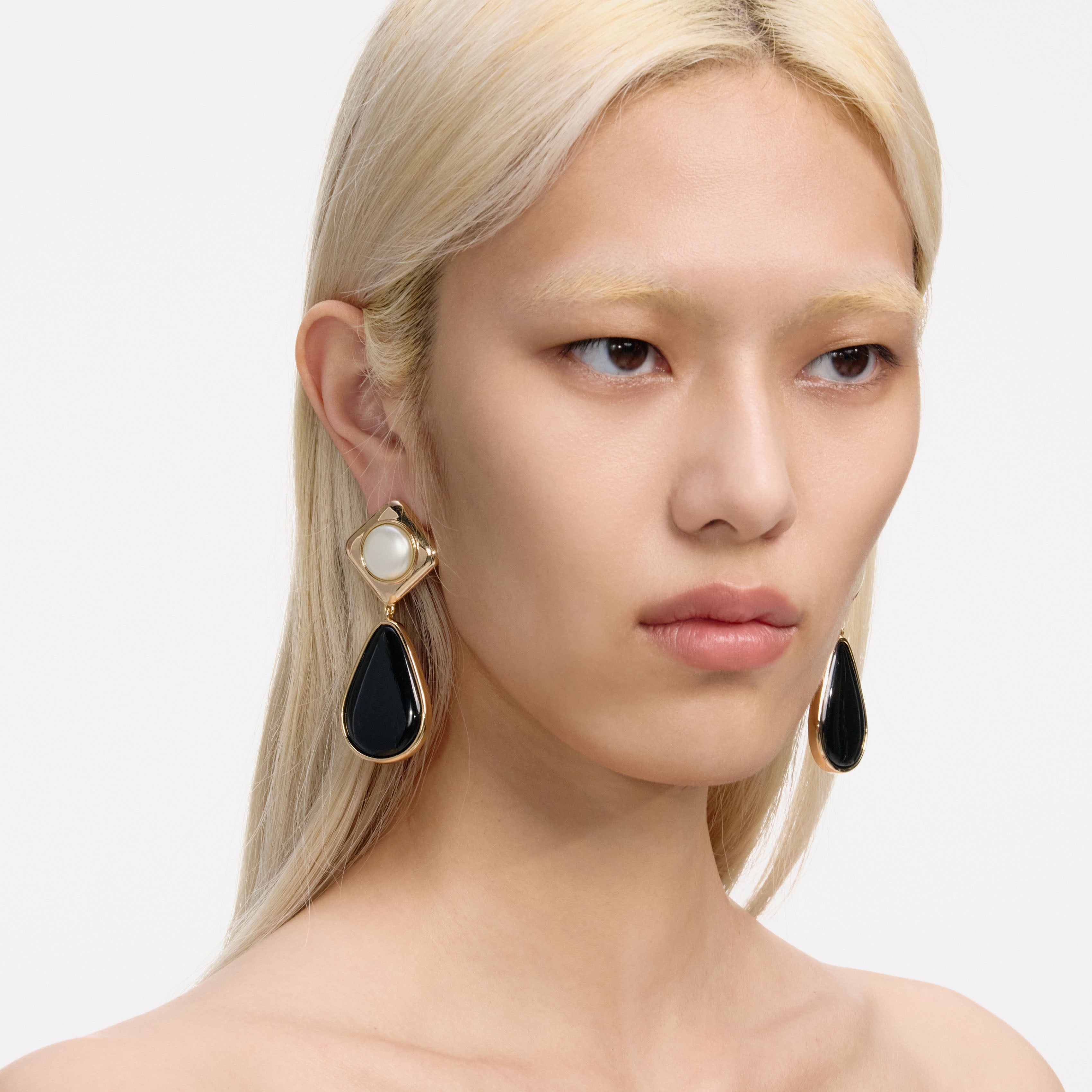 Black Enamel Gold Two Tiered Earrings