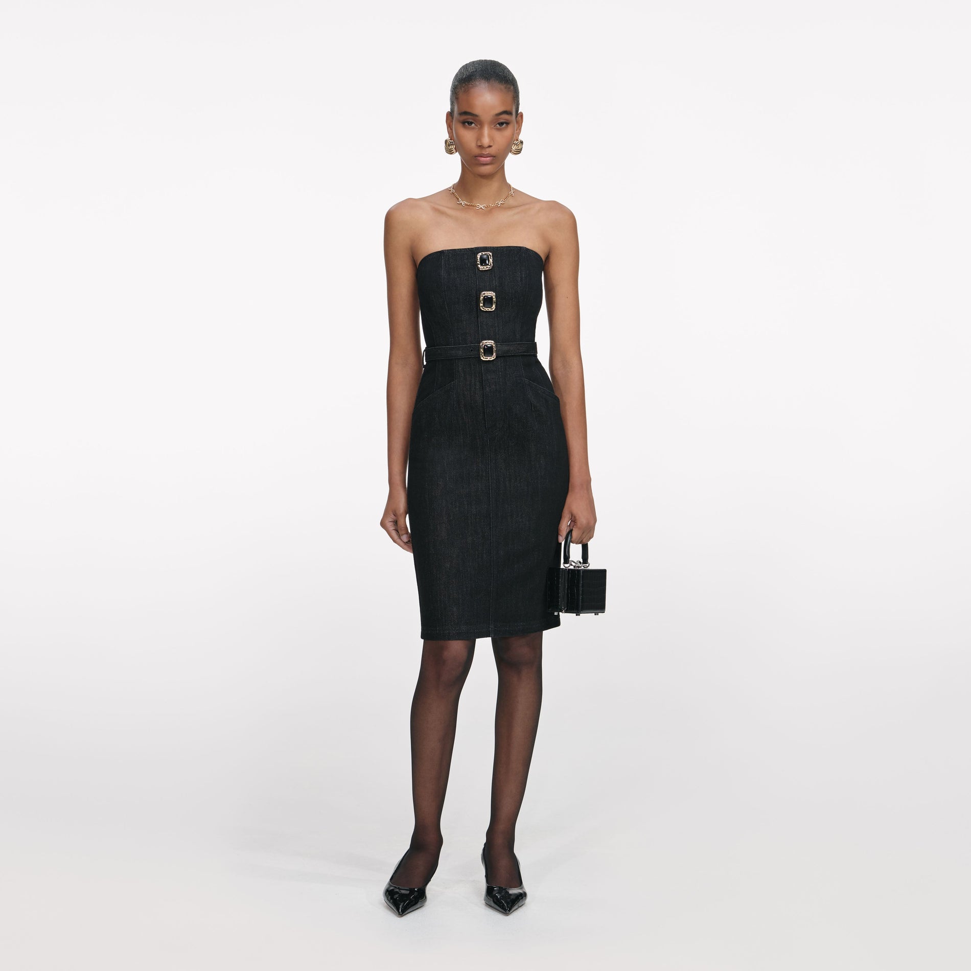 Front view of a woman wearing the Black Denim Bandeau Midi Dress