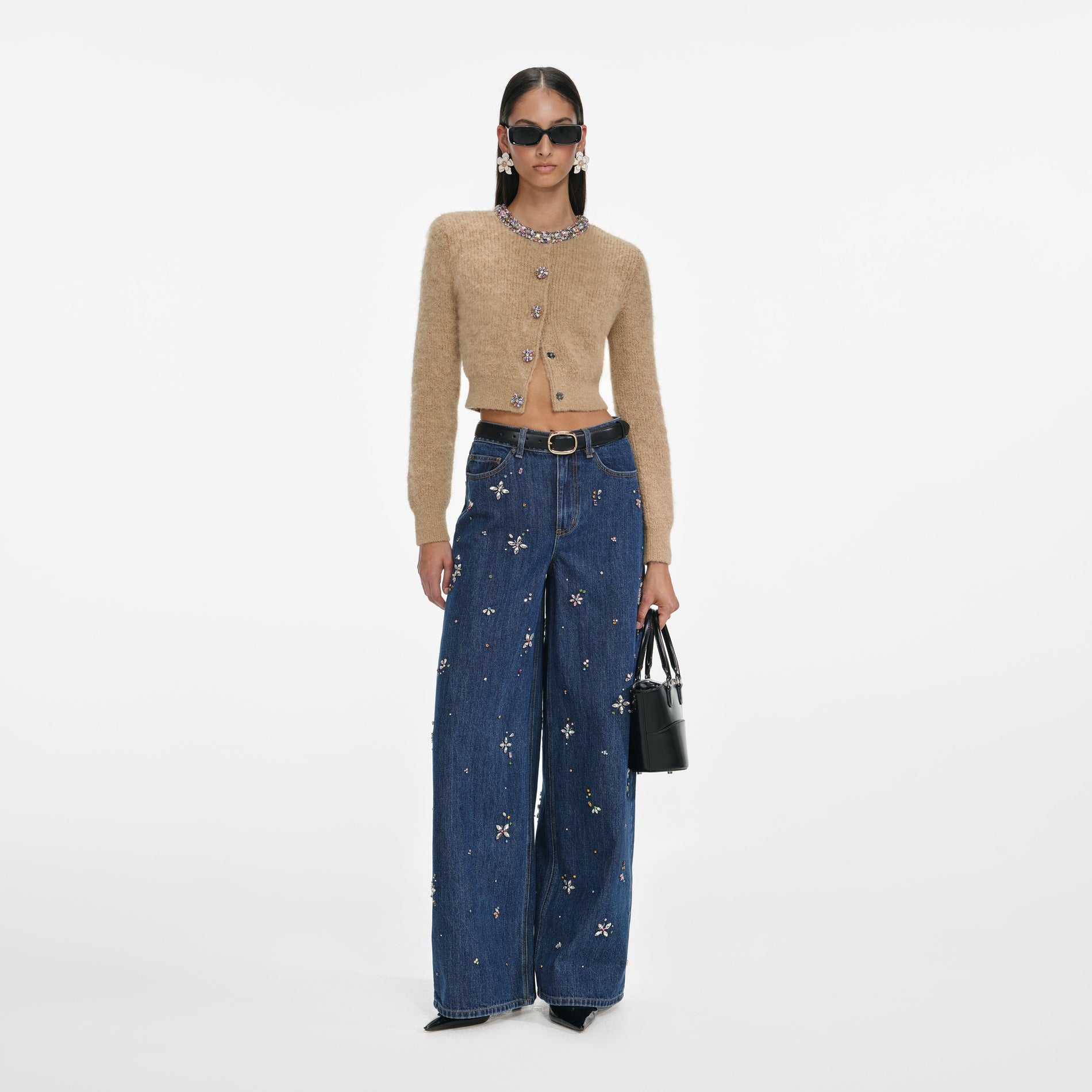 Blue Embellished Wide Leg Jeans