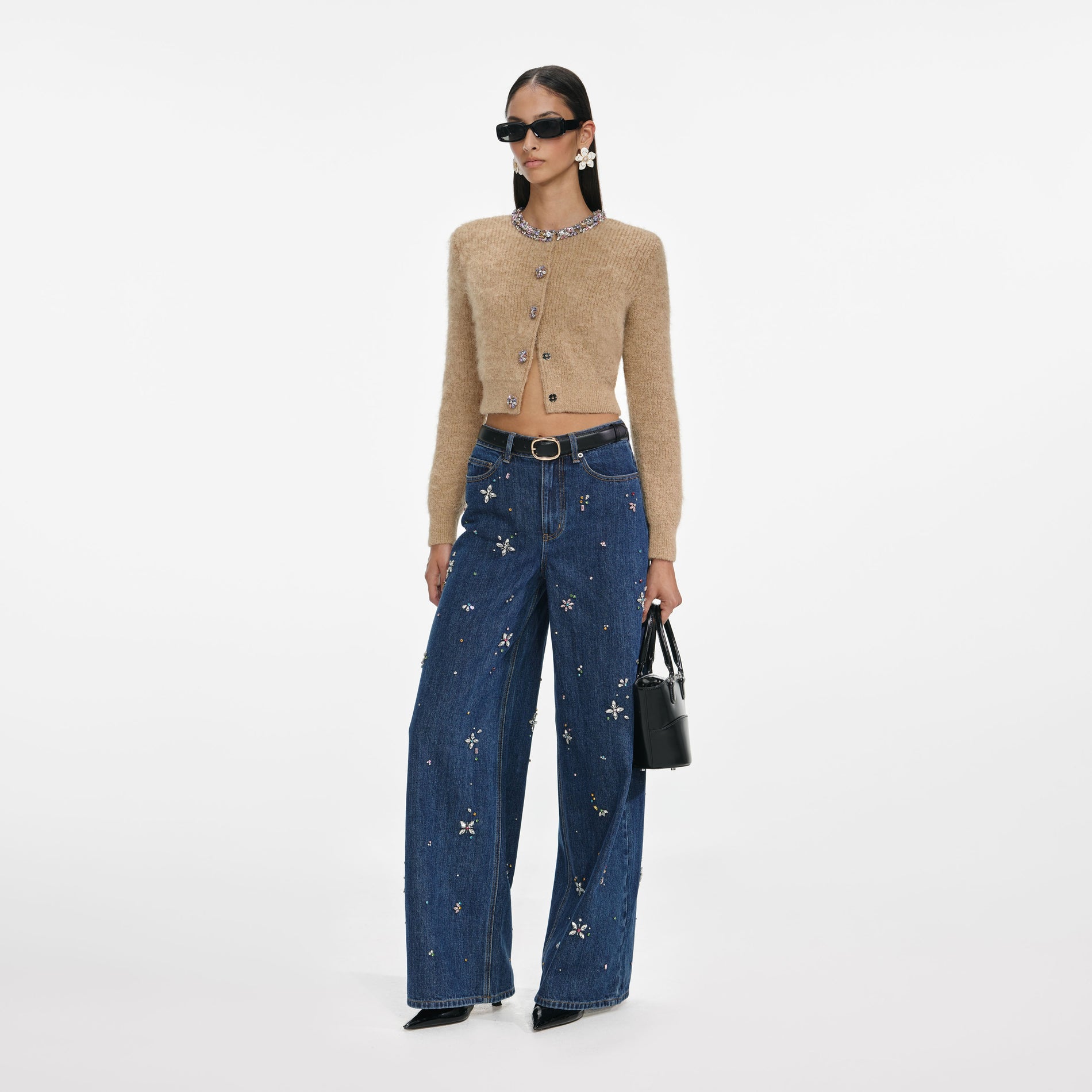 Blue Embellished Wide Leg Jeans