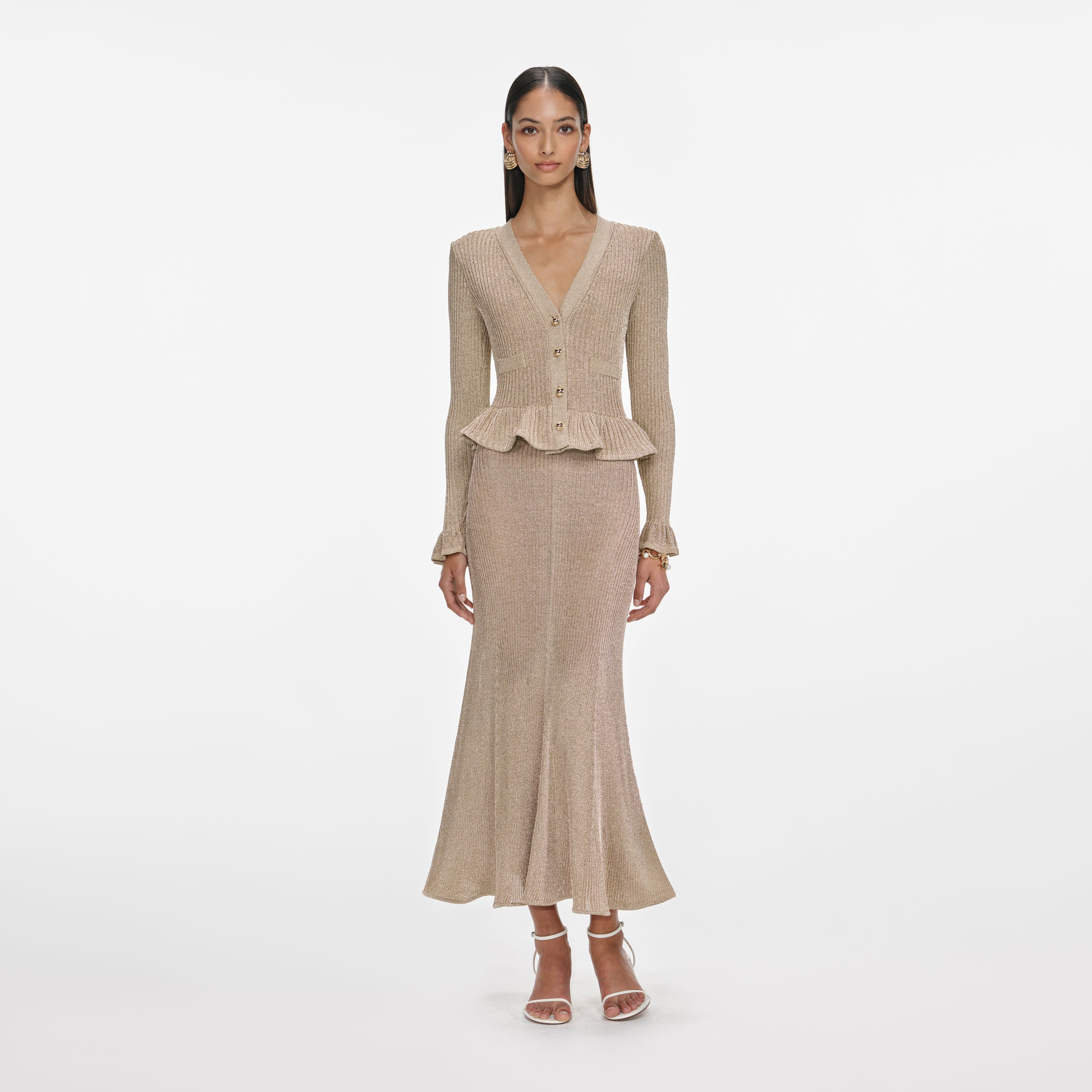 Gold Lurex Peplum Knit Midi Dress