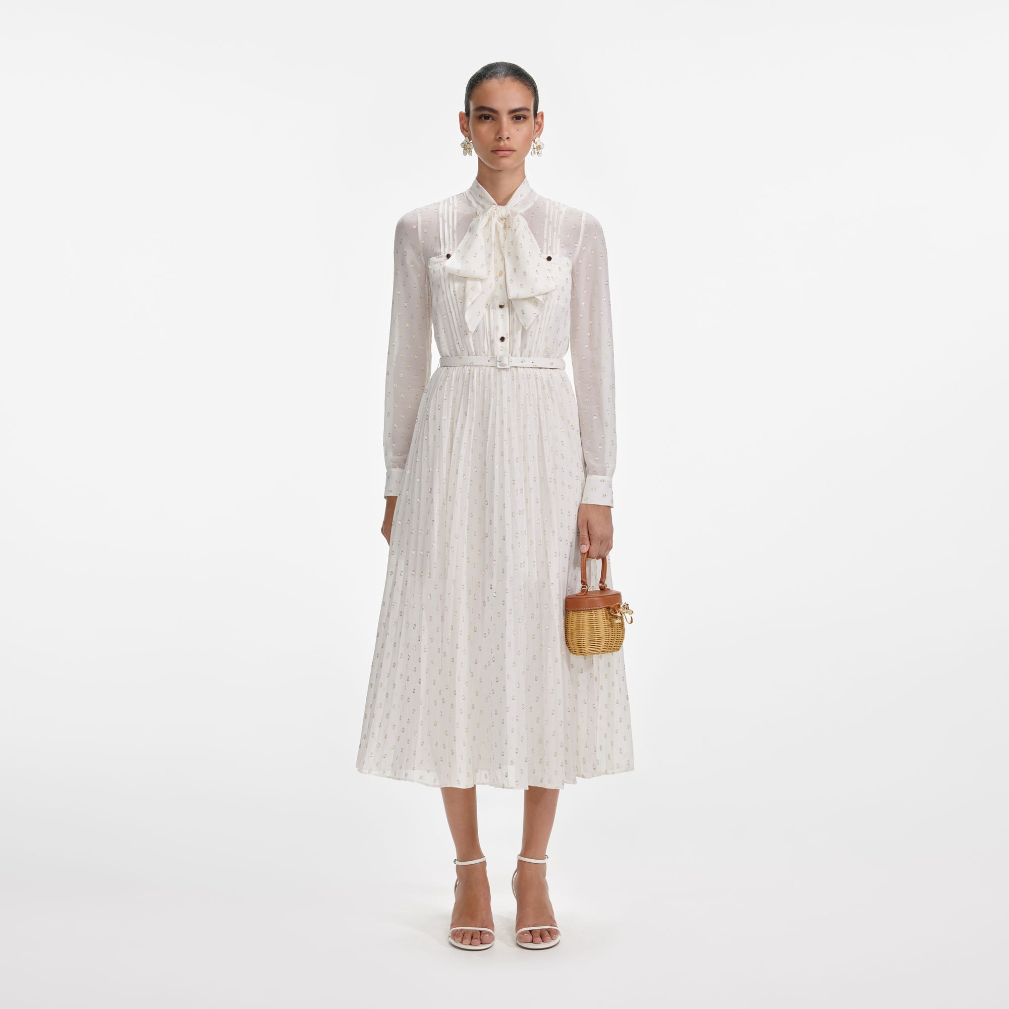 Cream And Gold Tie Neck Midi Dress