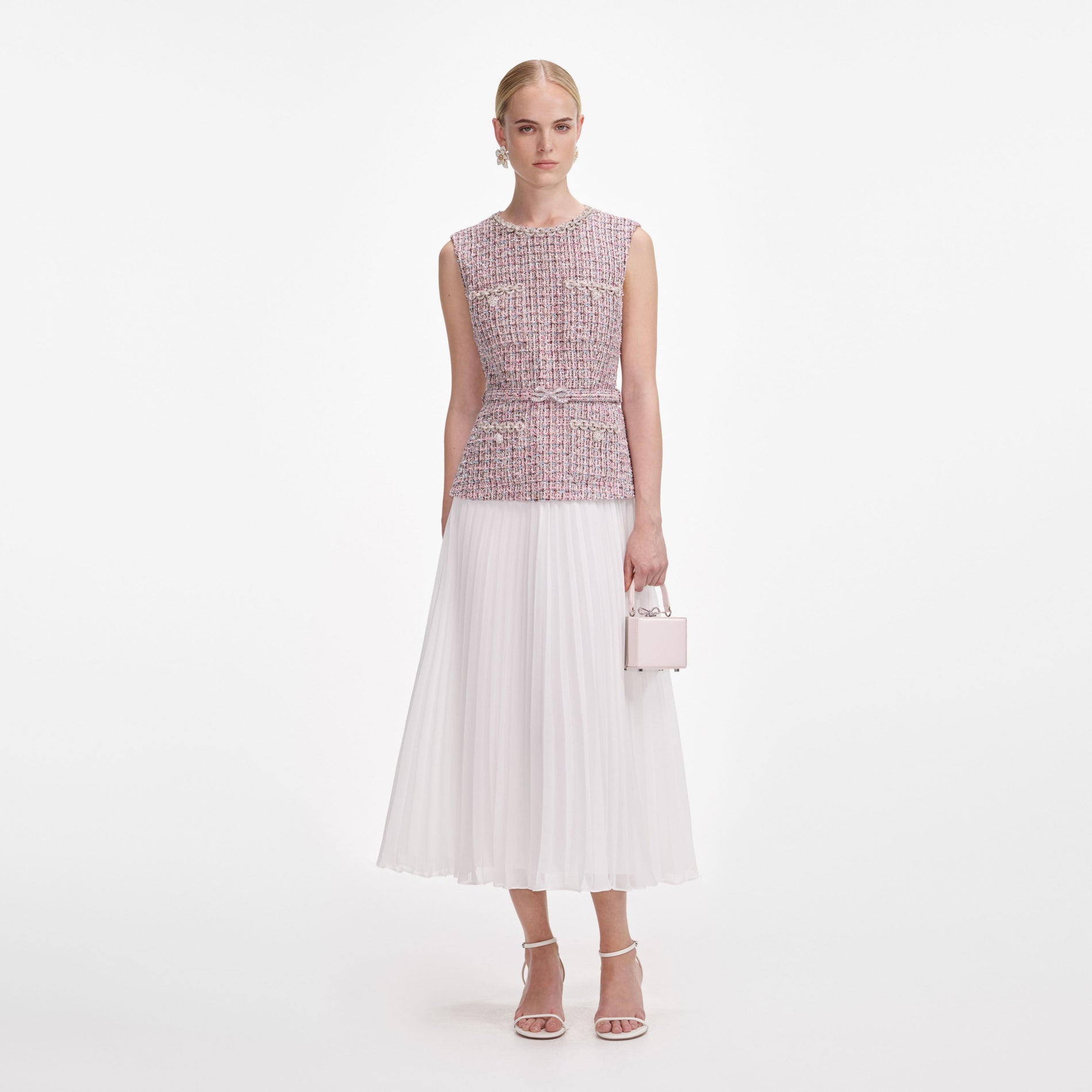 Front view of a woman wearing the Pink Boucle Chiffon Midi Dress