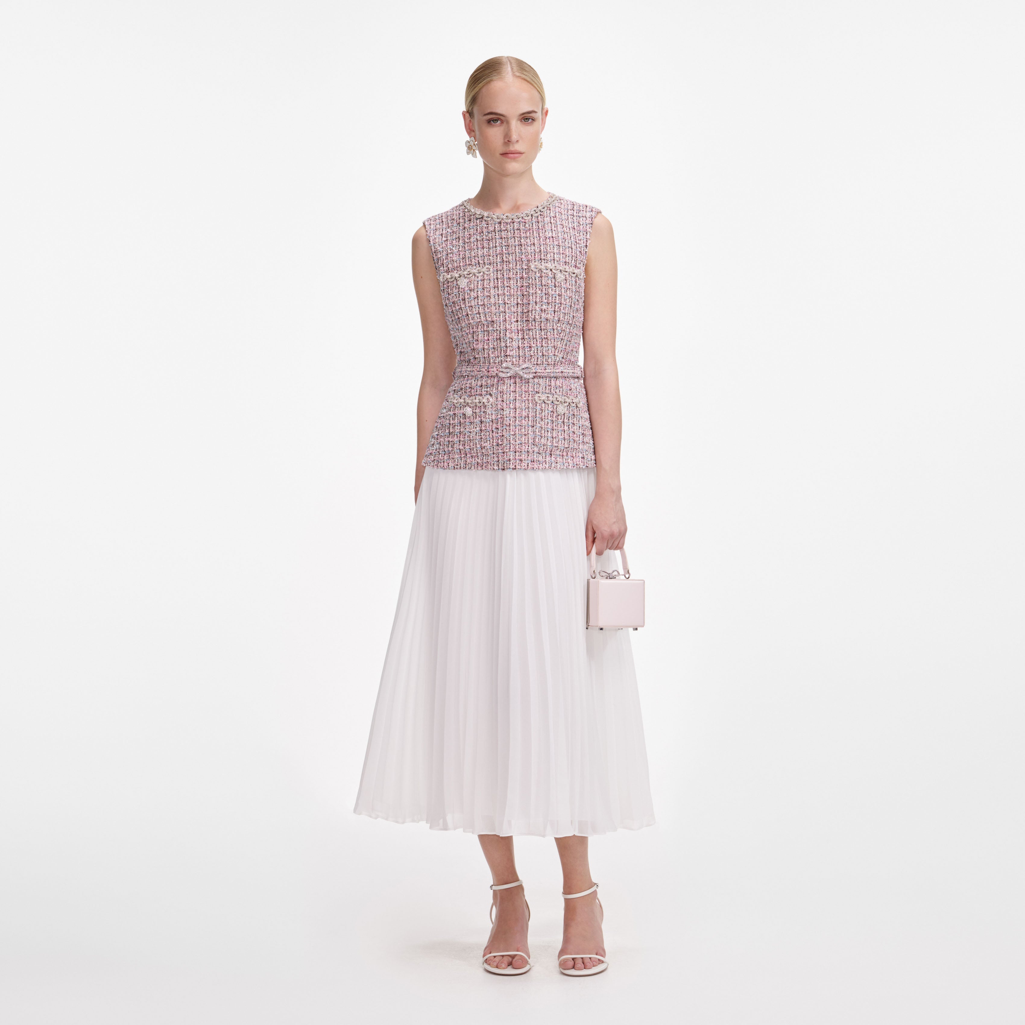 Pink Boucle Chiffon Midi Dress