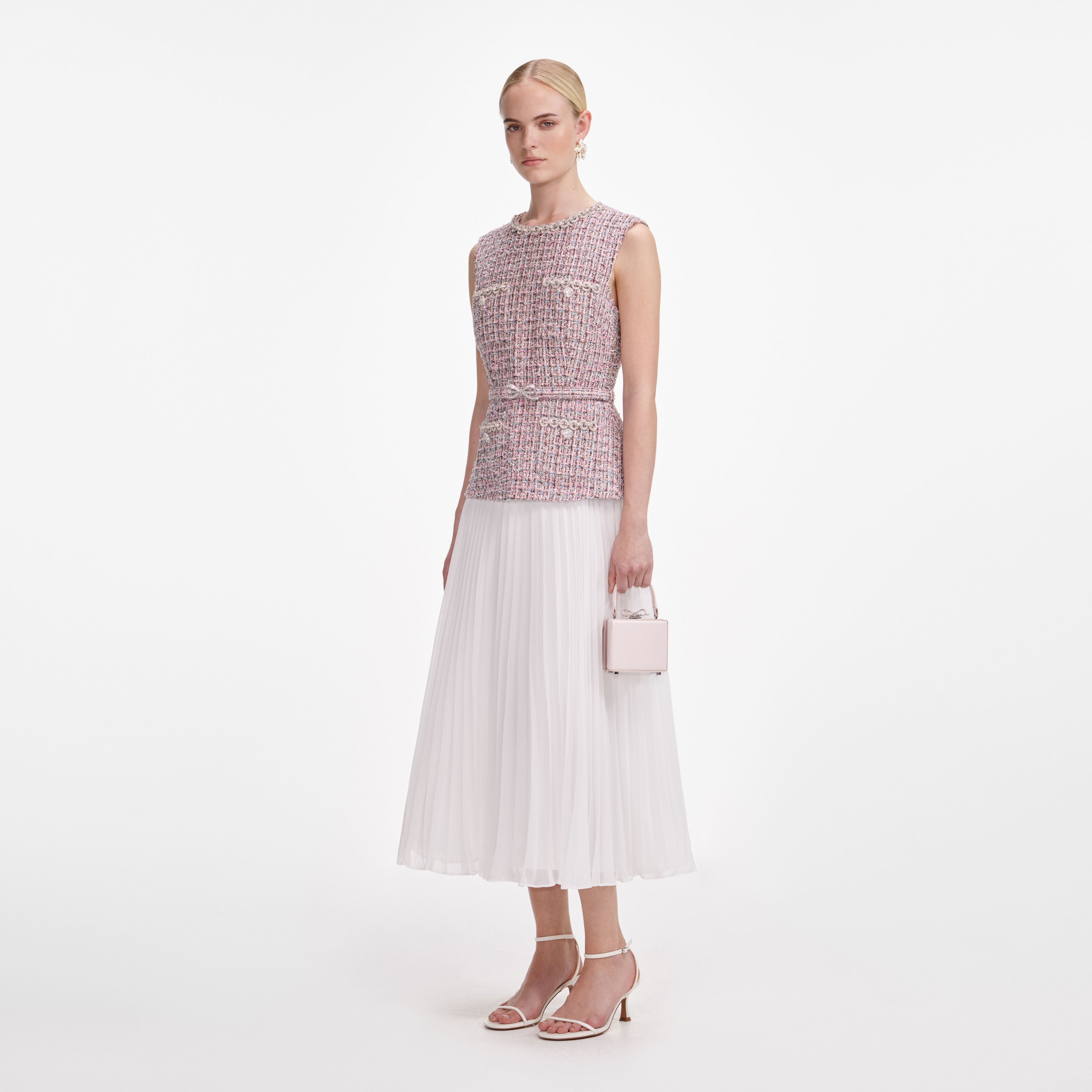 Pink Boucle Chiffon Midi Dress