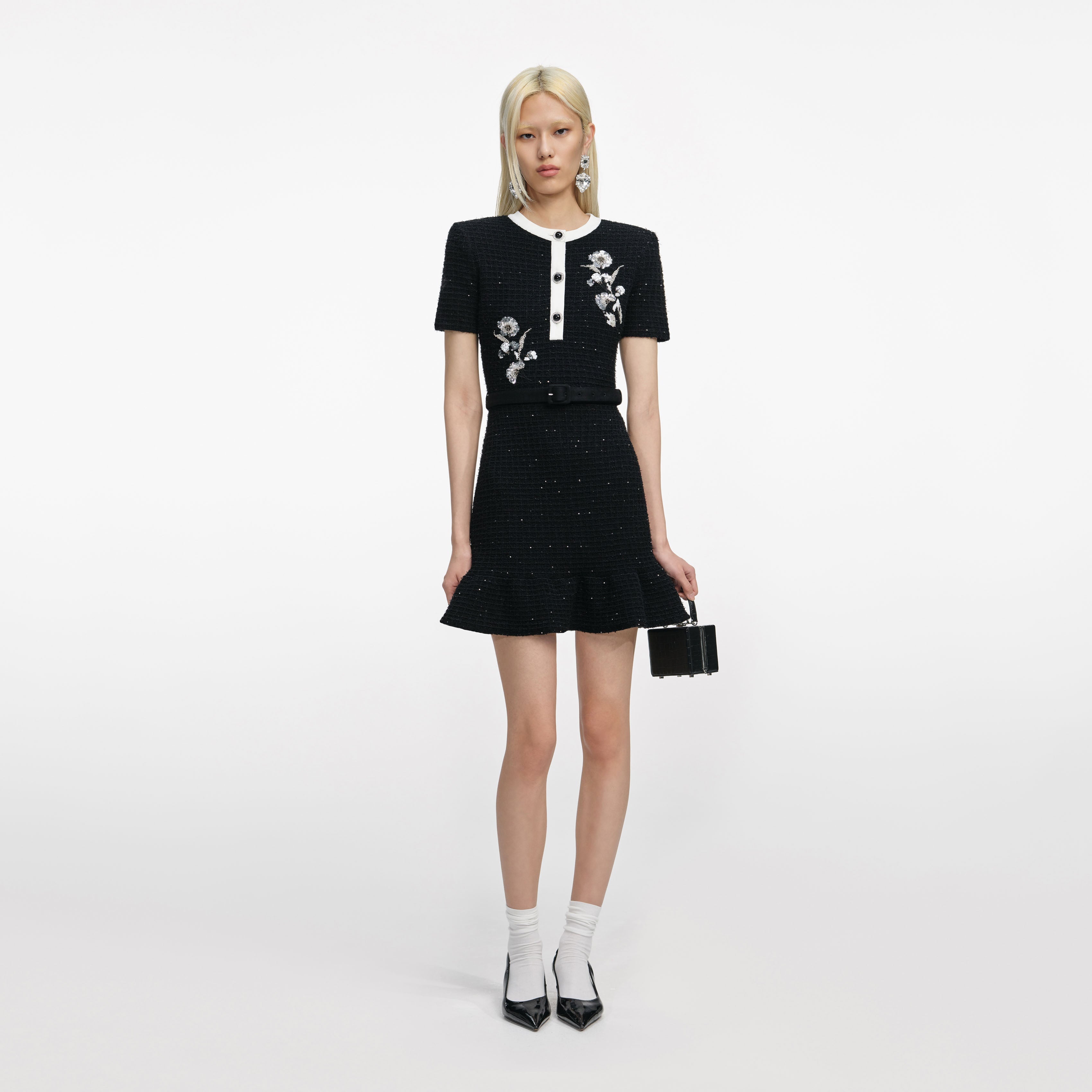Black Floral Textured Knit Mini Dress