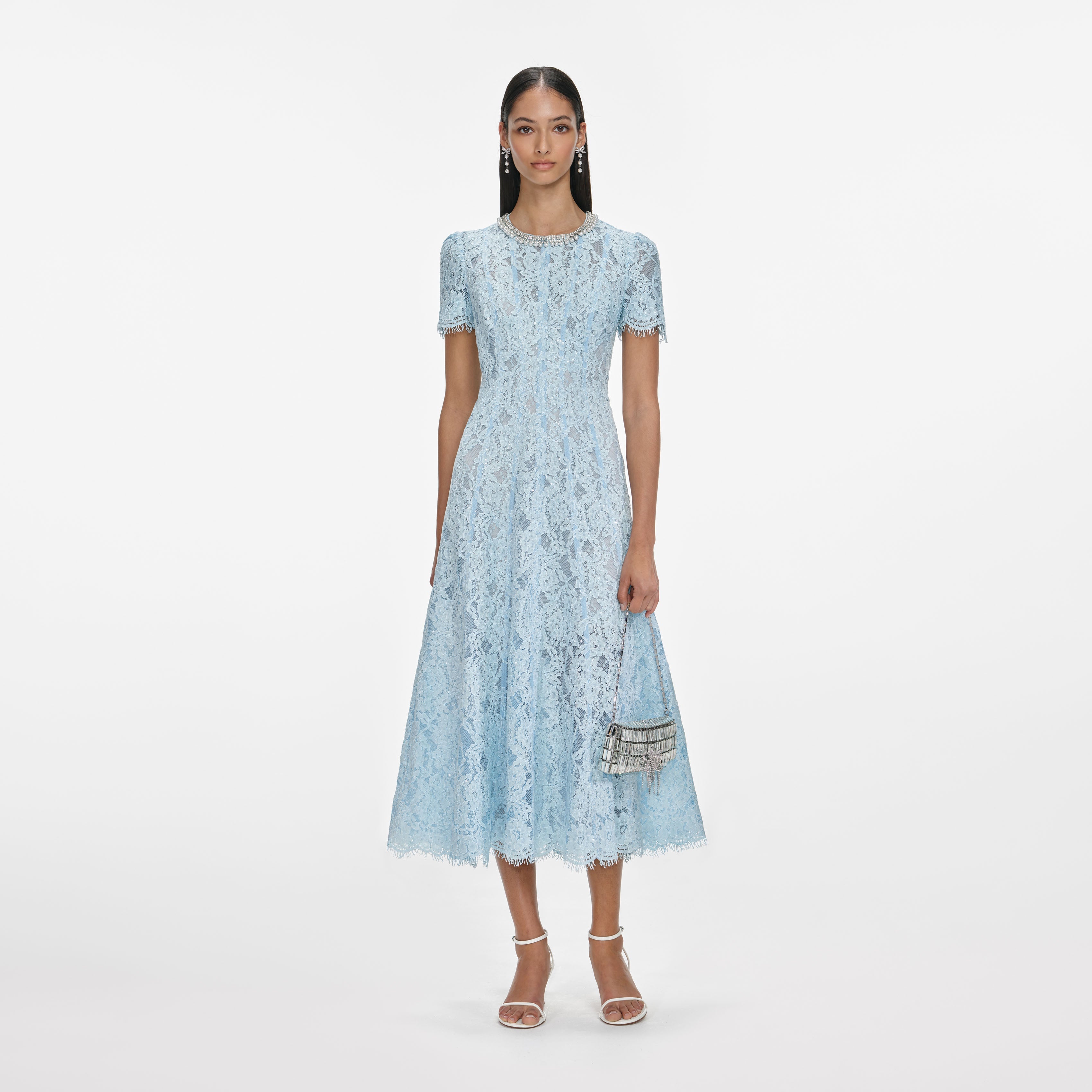 Blue Lace Embellished Midi Dress