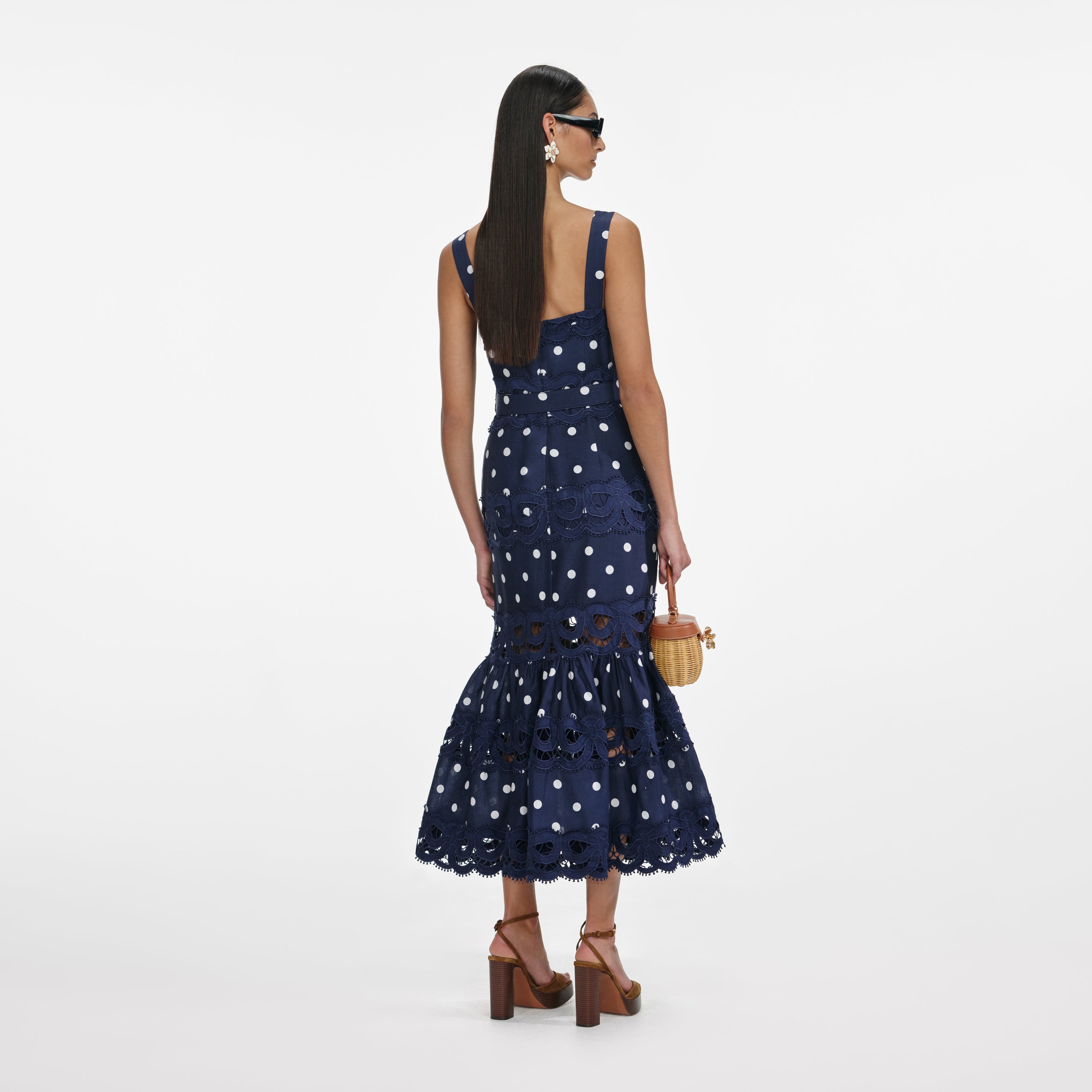 Navy Polka Dot Linen Midi Dress