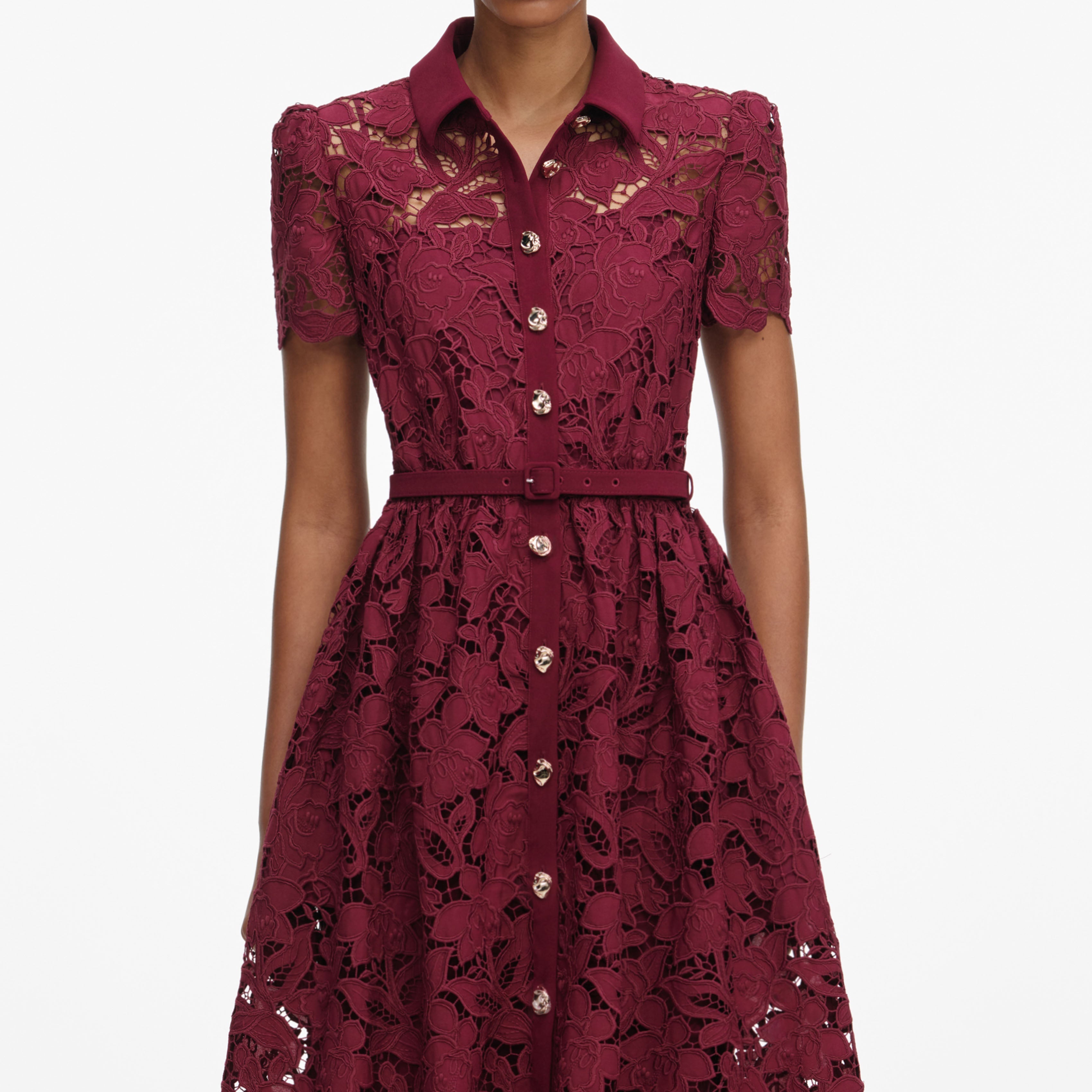 Burgundy Lace Collared Midi Dress