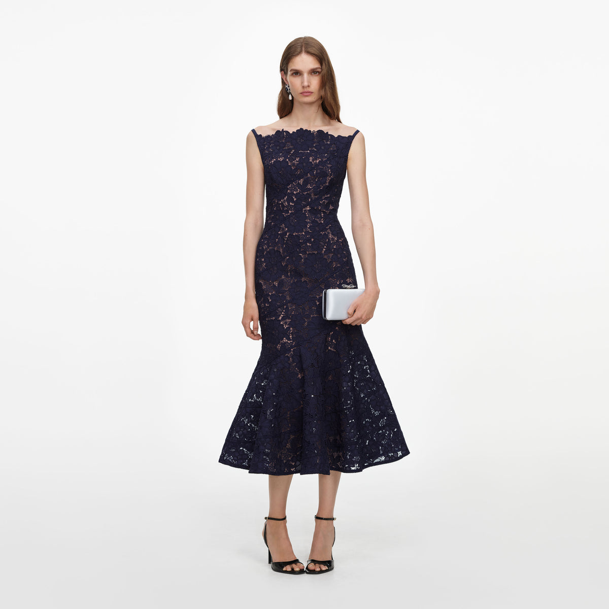 Navy Spiral Lace Midi Dress
