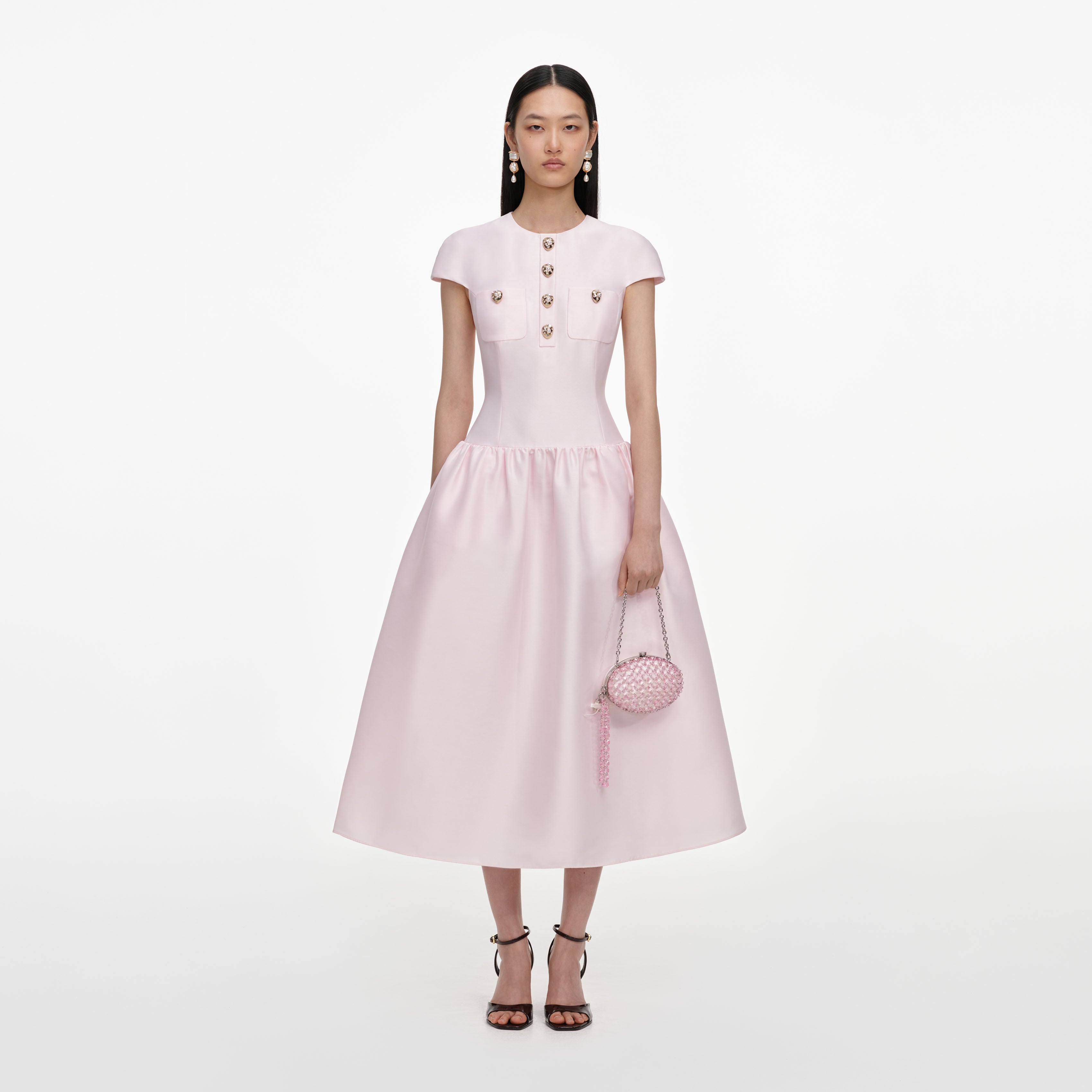 Pink Taffeta Buttoned Midi Dress