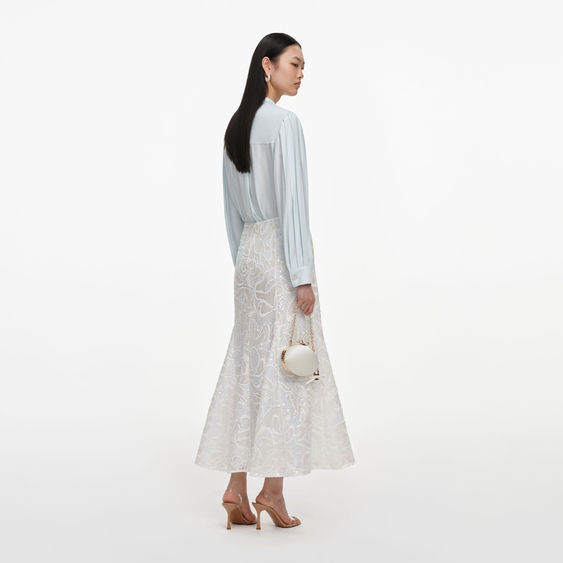 White Sequin Lace Midi Skirt