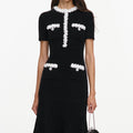 Black Chenille Knit Flower Trim Midi Dress
