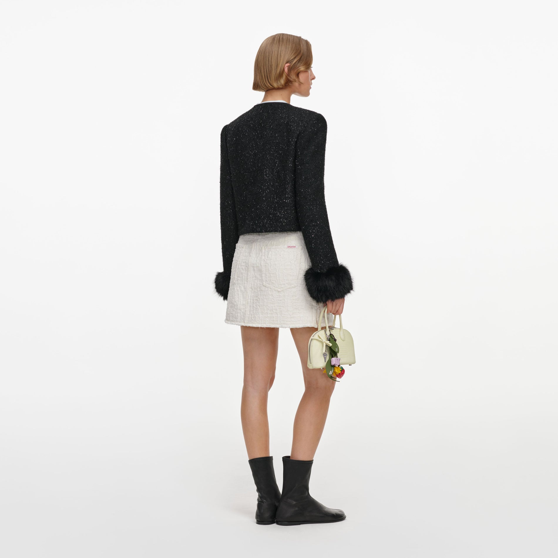 Black Metallic Boucle Fur Cuff Jacket