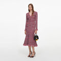 Red Check Frayed Knit Midi Dress