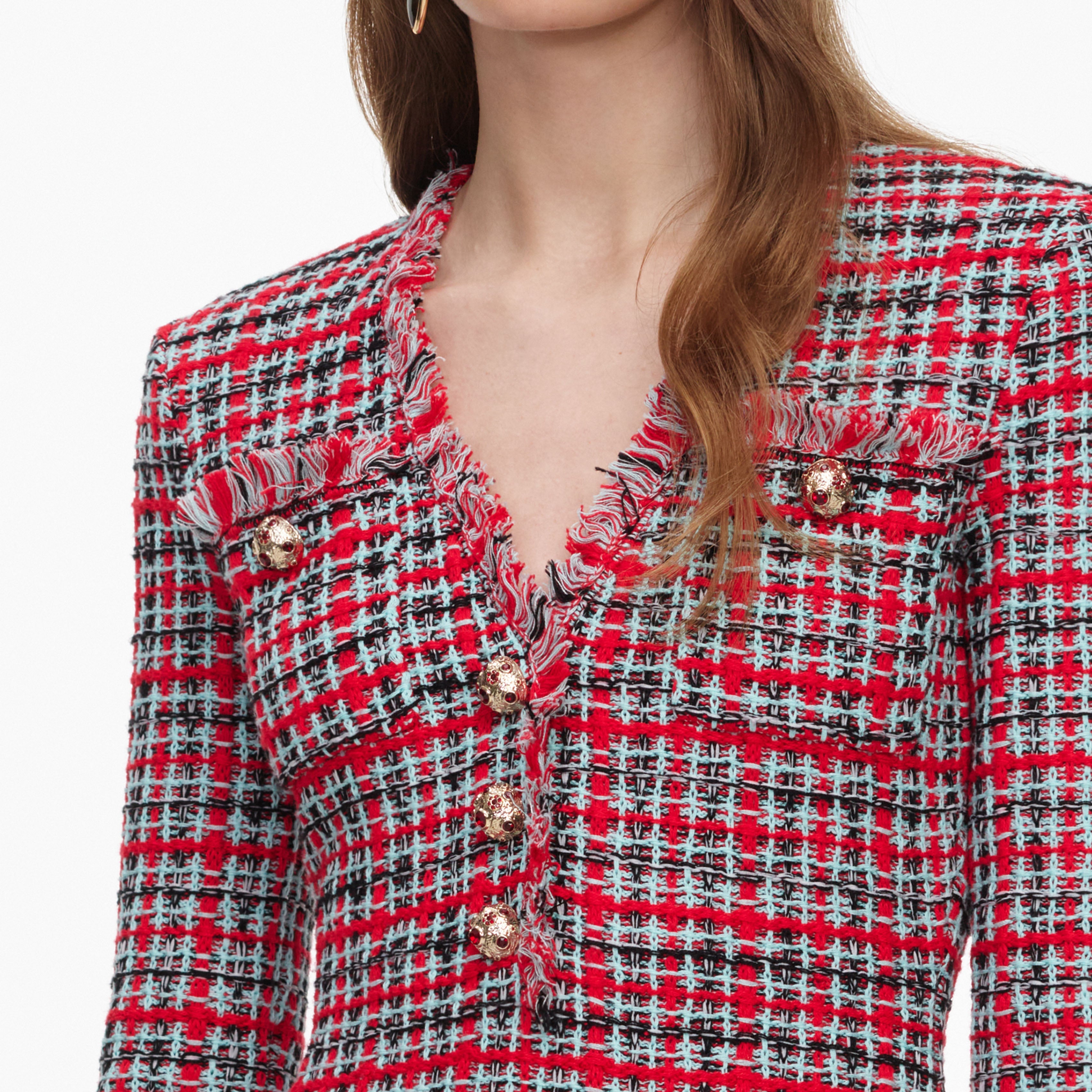 Red Check Frayed Knit Midi Dress