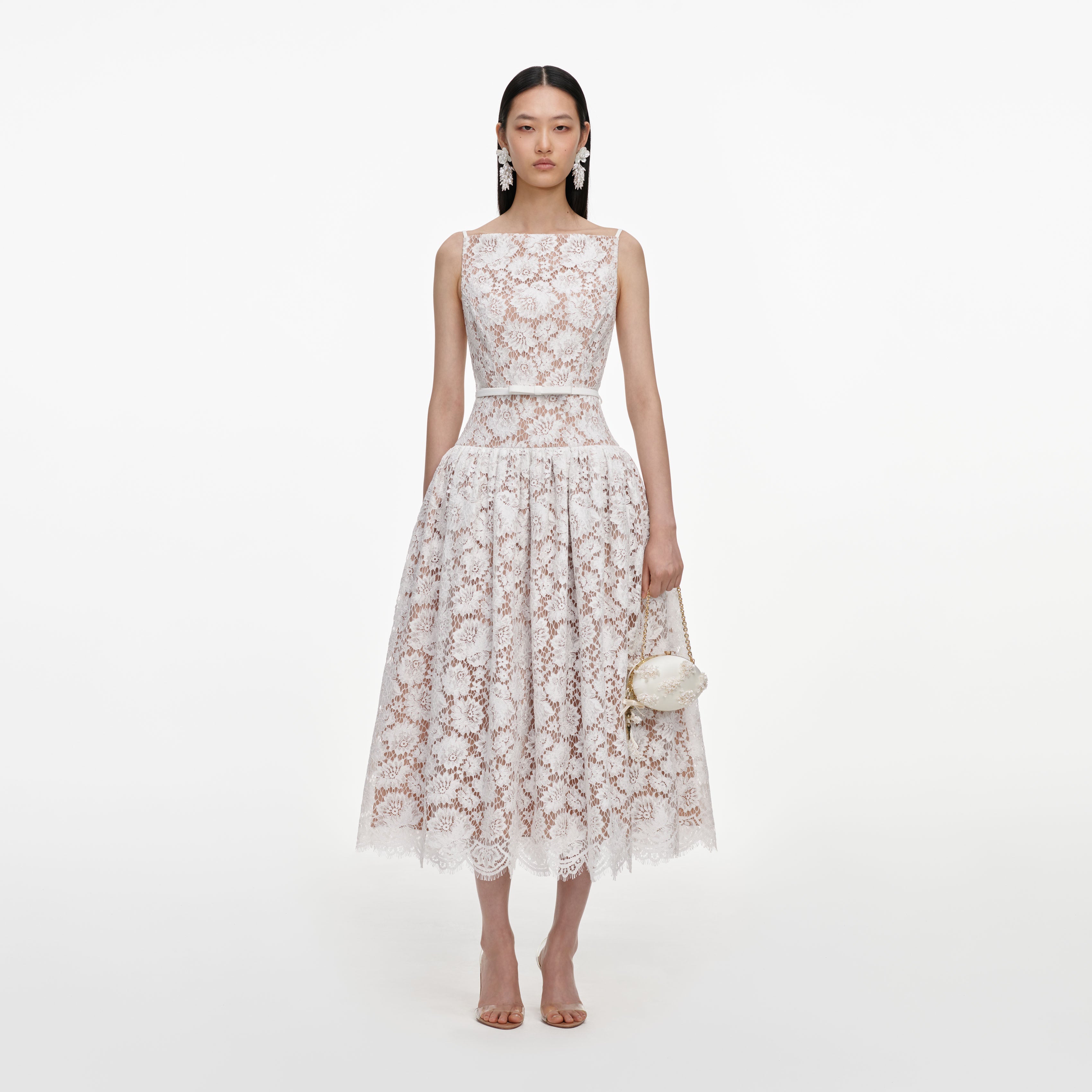 White Lace Flared Midi Dress