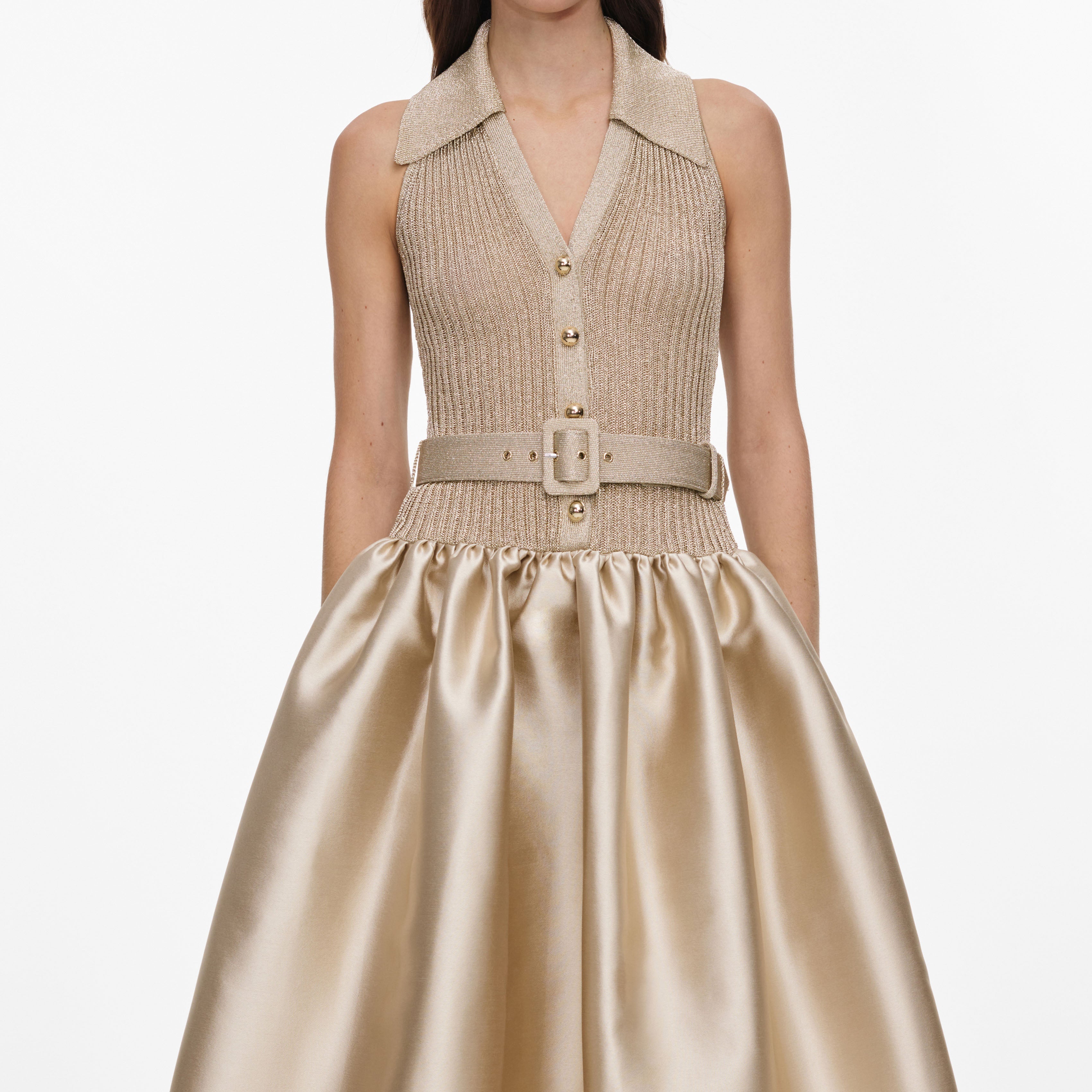 Gold Sleeveless Knit Taffeta Midi Dress