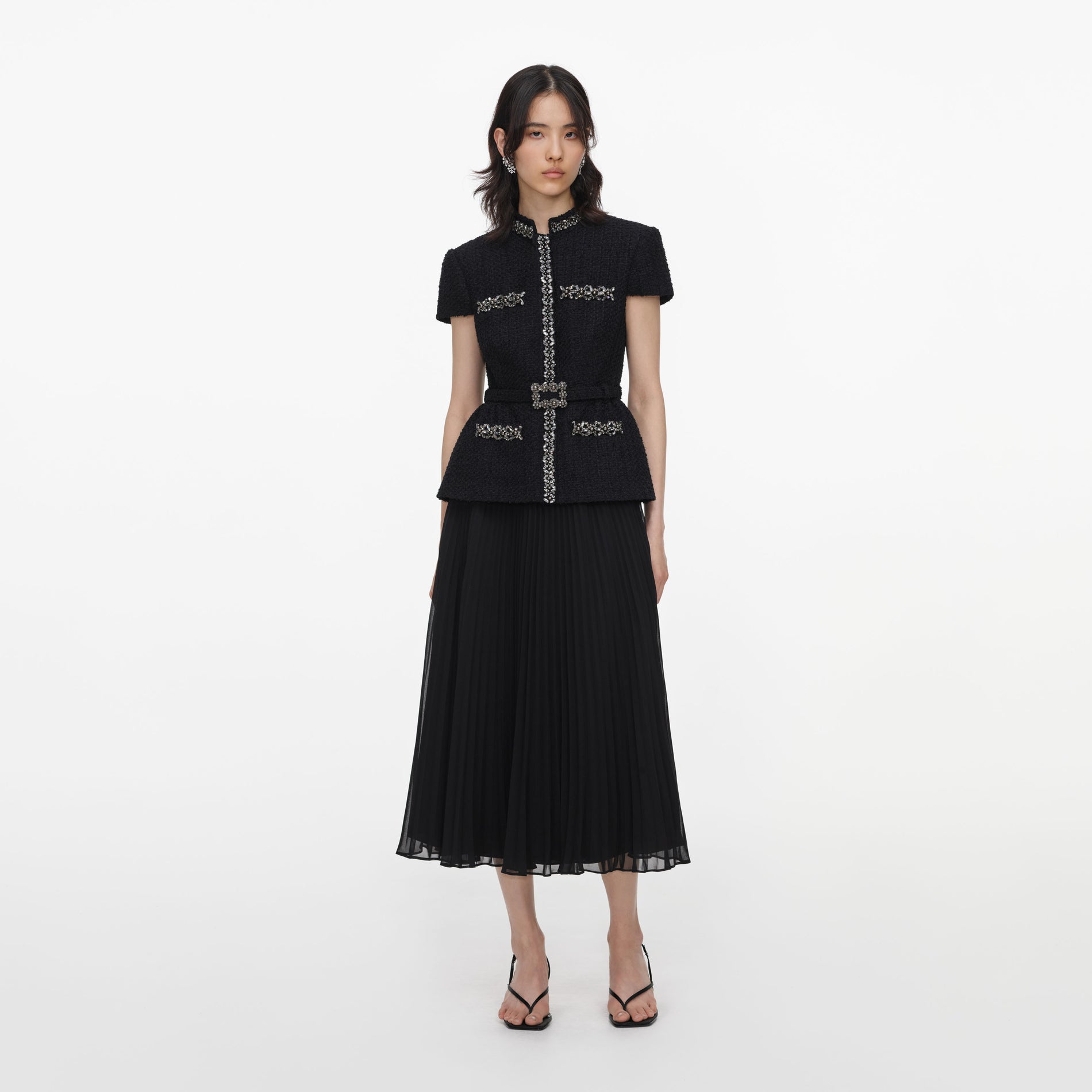 Black Boucle Crystal Trim Chiffon Midi Dress