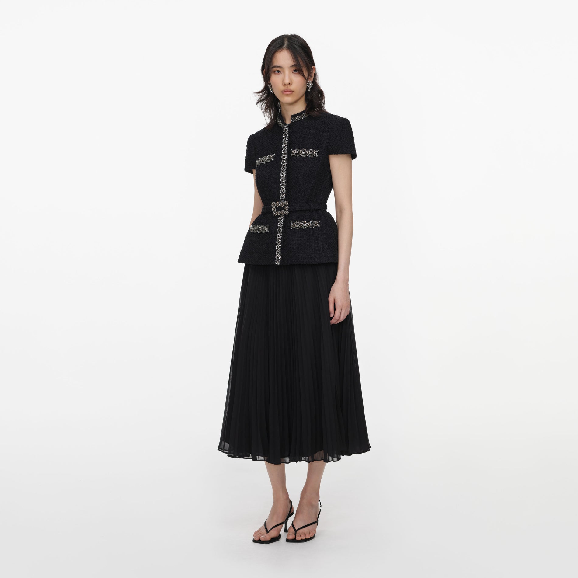 Black Boucle Crystal Trim Chiffon Midi Dress