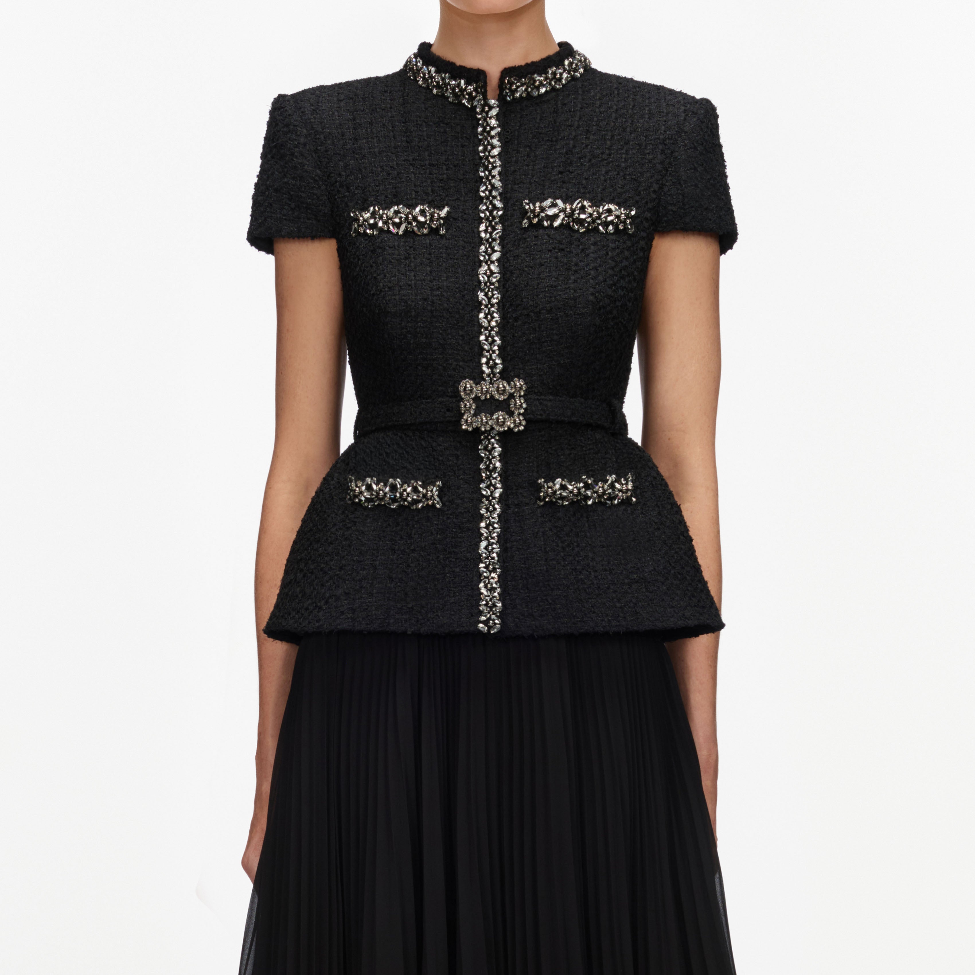 Black Boucle Crystal Trim Chiffon Midi Dress