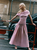 Pink Cotton Draped Knit Midi Dress