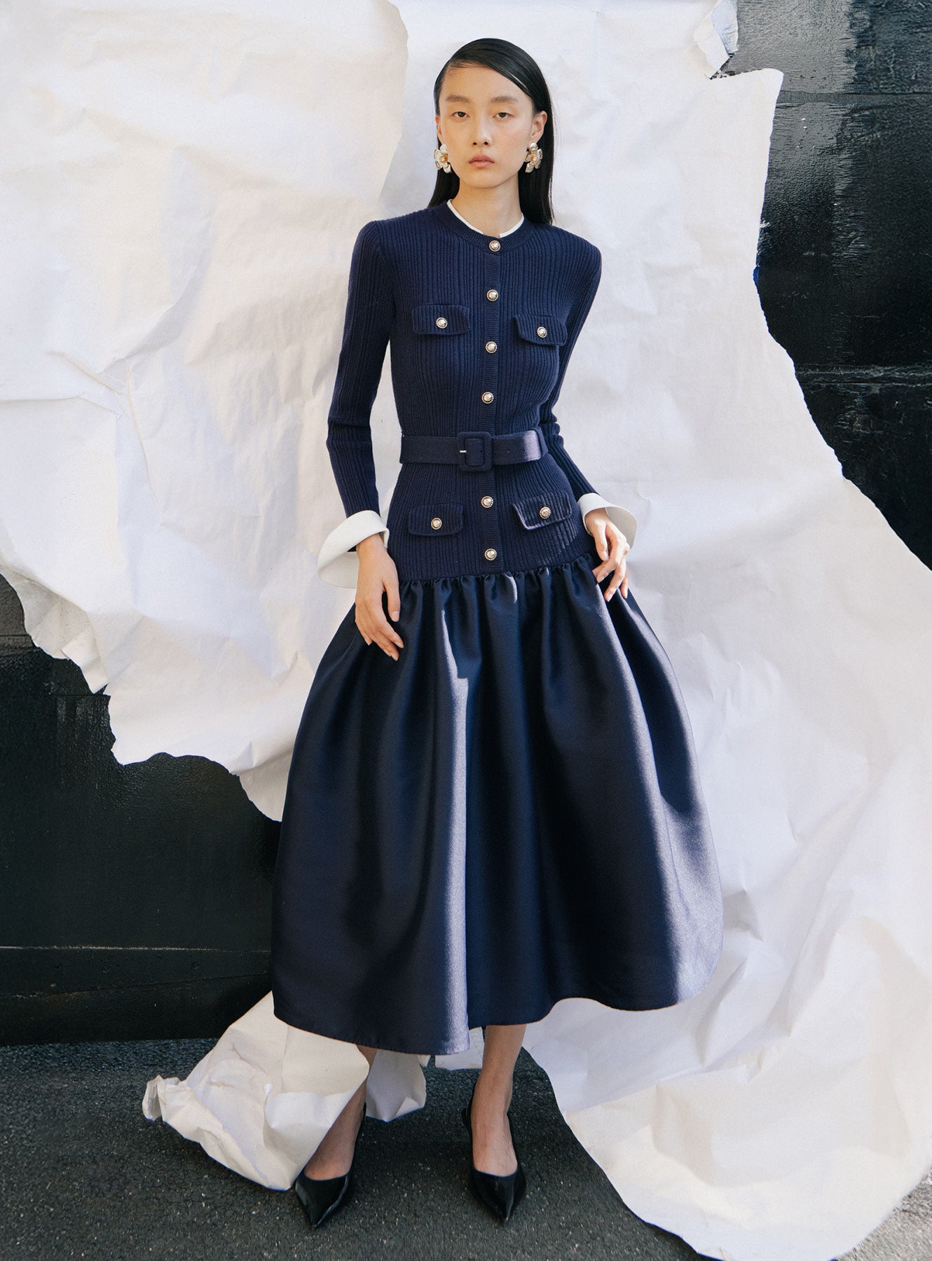 Navy Knit Taffeta Midi Dress