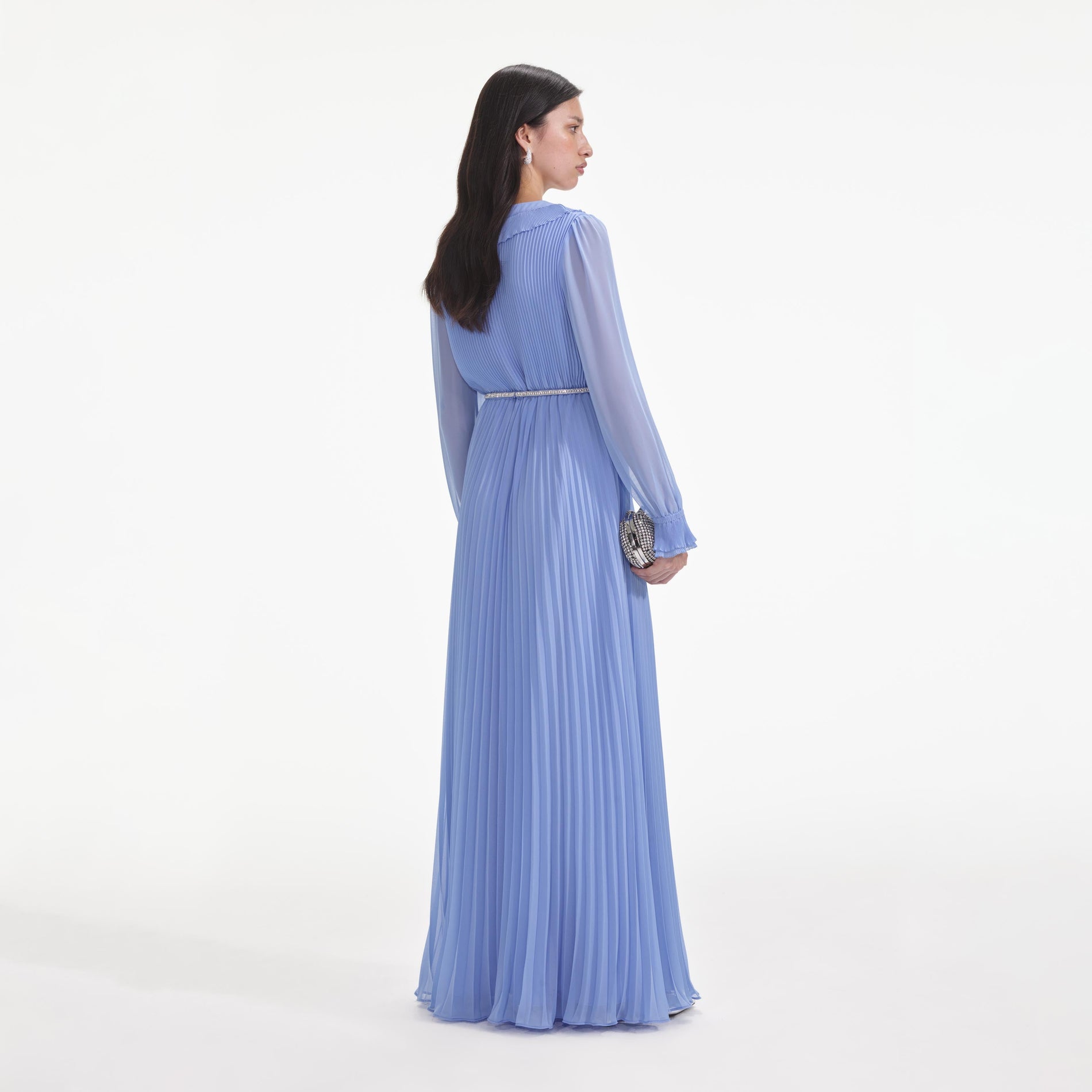 Back view of a woman wearing the Blue Chiffon Maxi Dress
