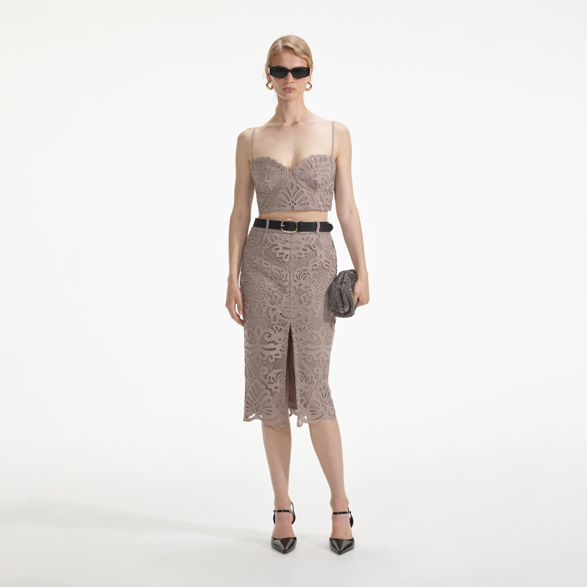 Front view of a woman wearing the Guipure Lace Crop Top