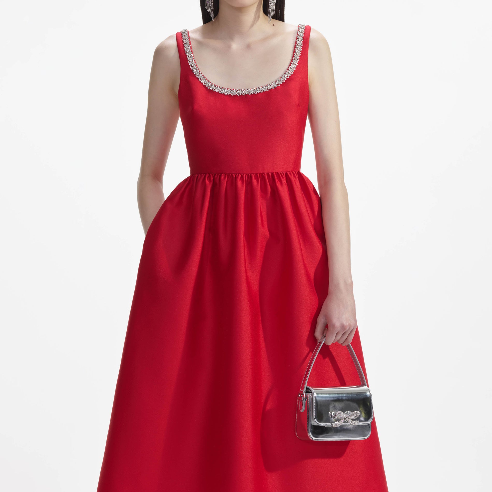 A close up of a woman wearing the Red Taffeta Diamante Midi Dress
