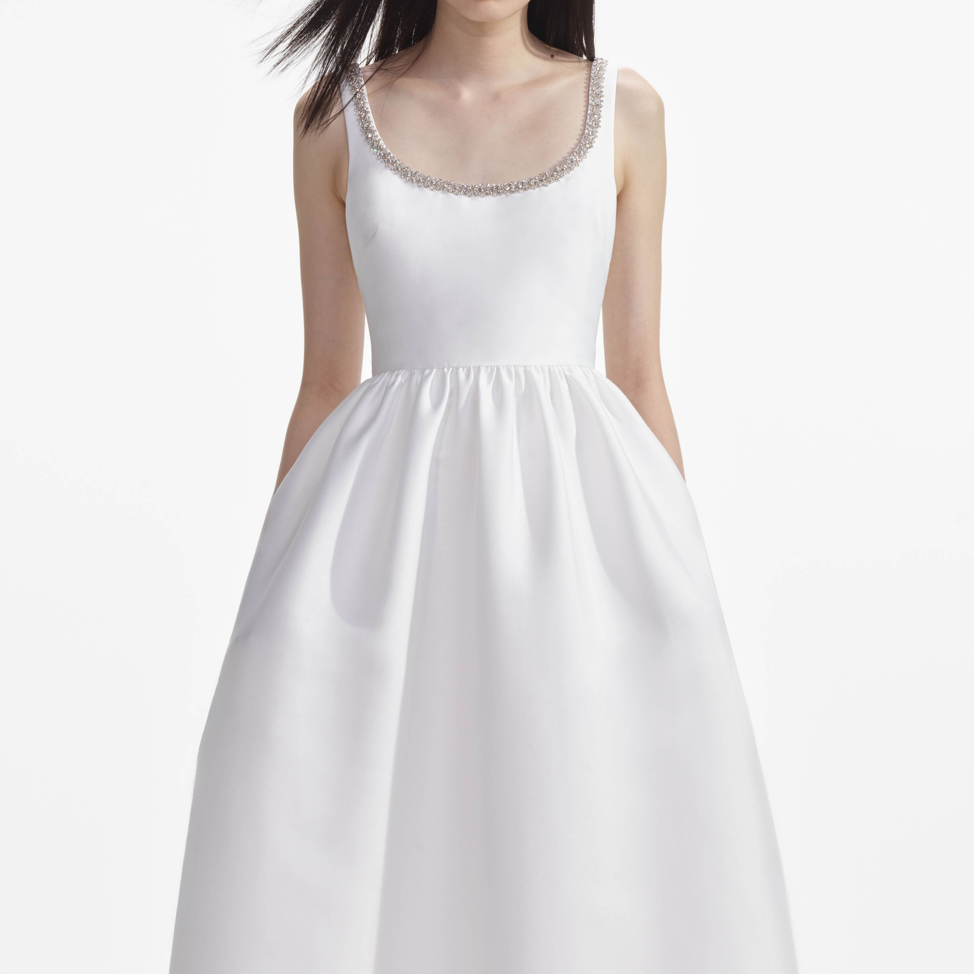 White Taffeta Diamante Midi Dress