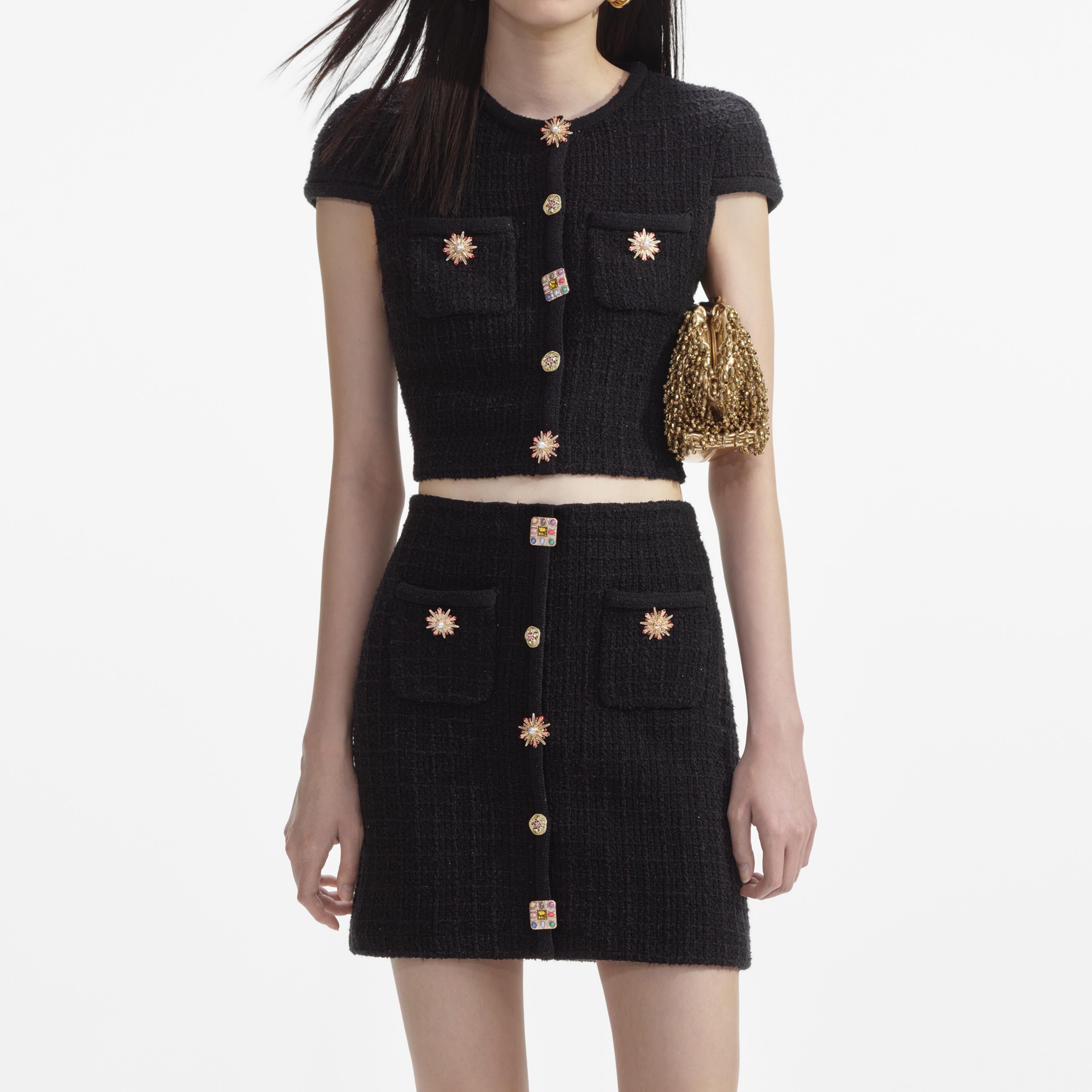 Black Jewel Button Knit Mini Skirt