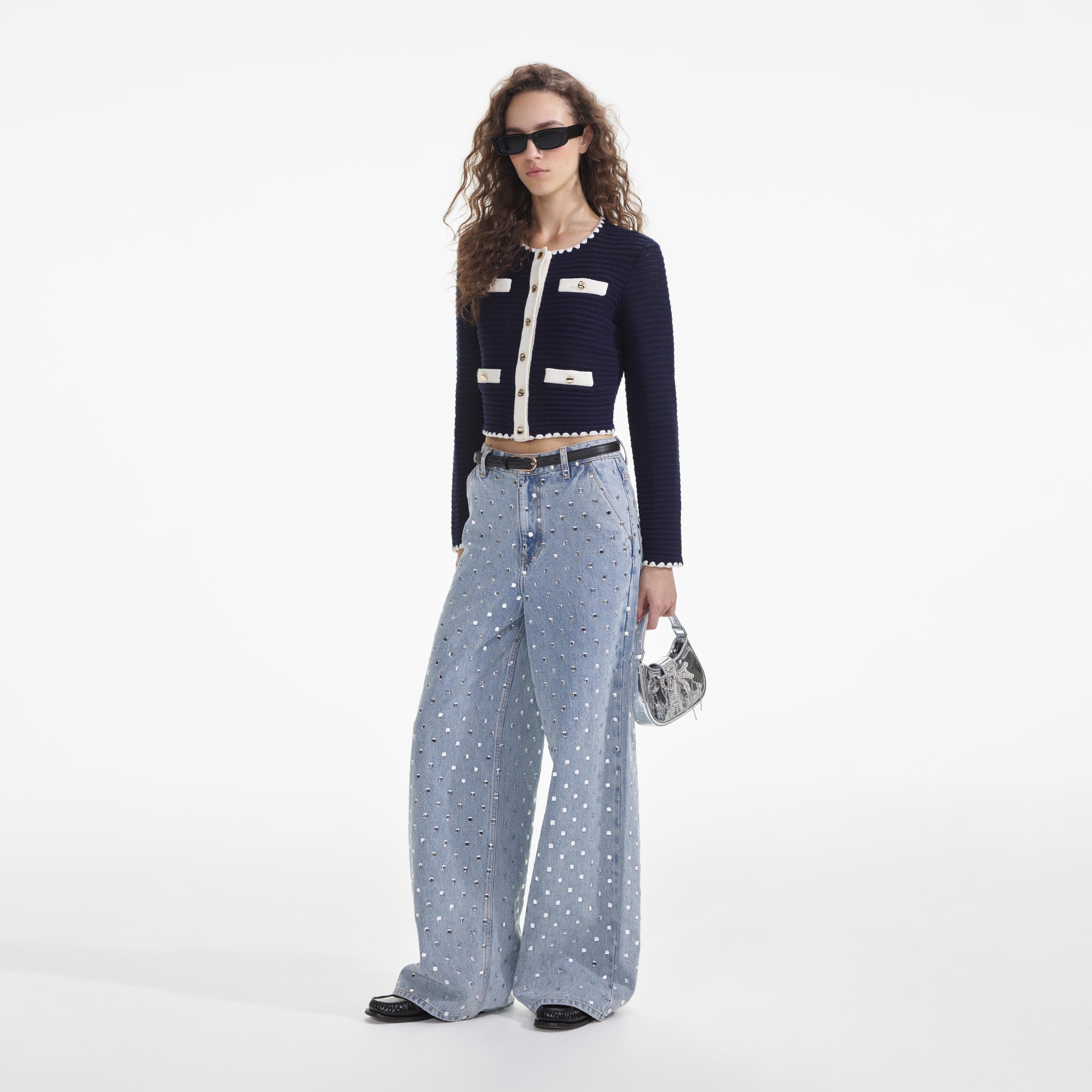 Navy Crochet Contrast Trim Cardigan