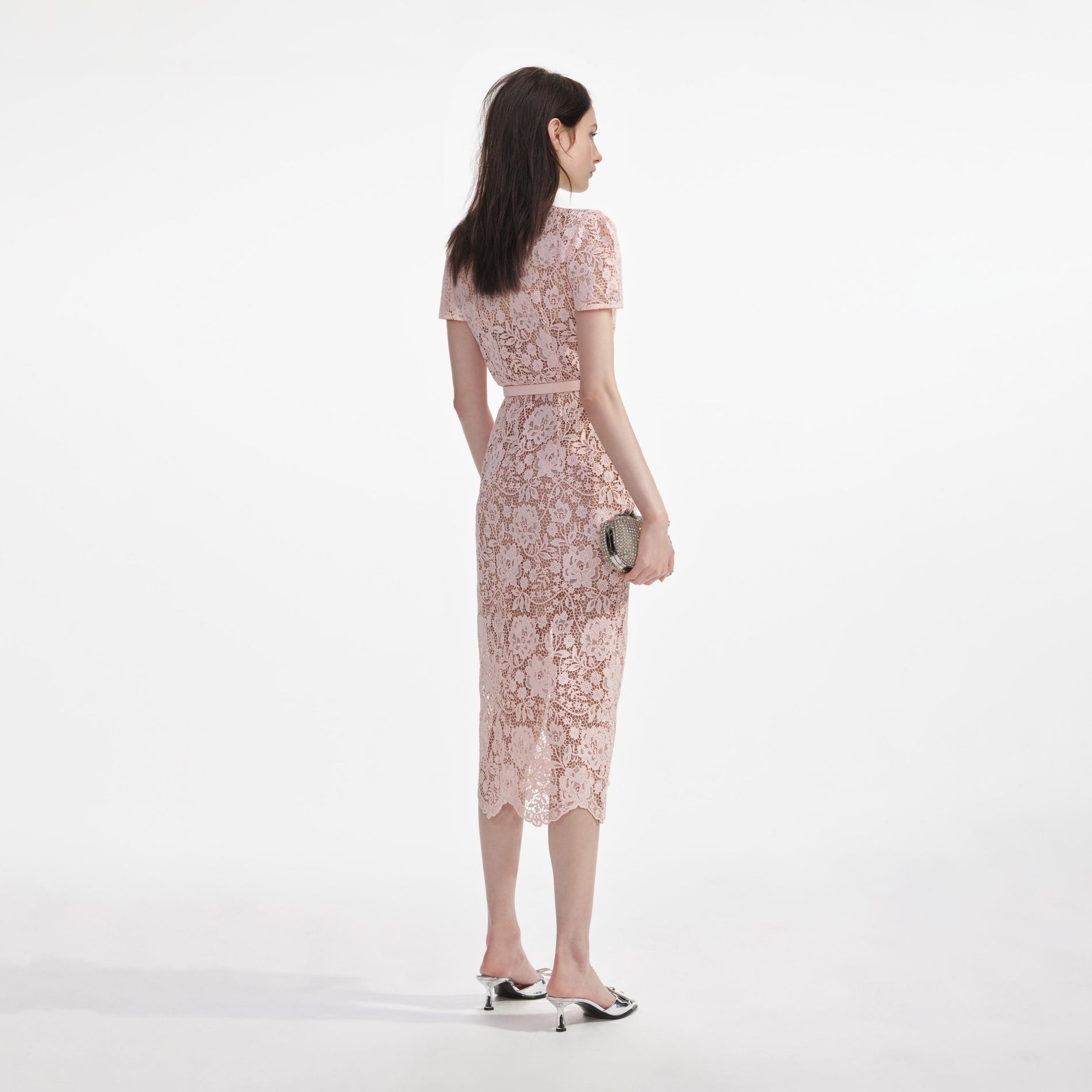 Pink Lace Diamante Bow Midi Dress