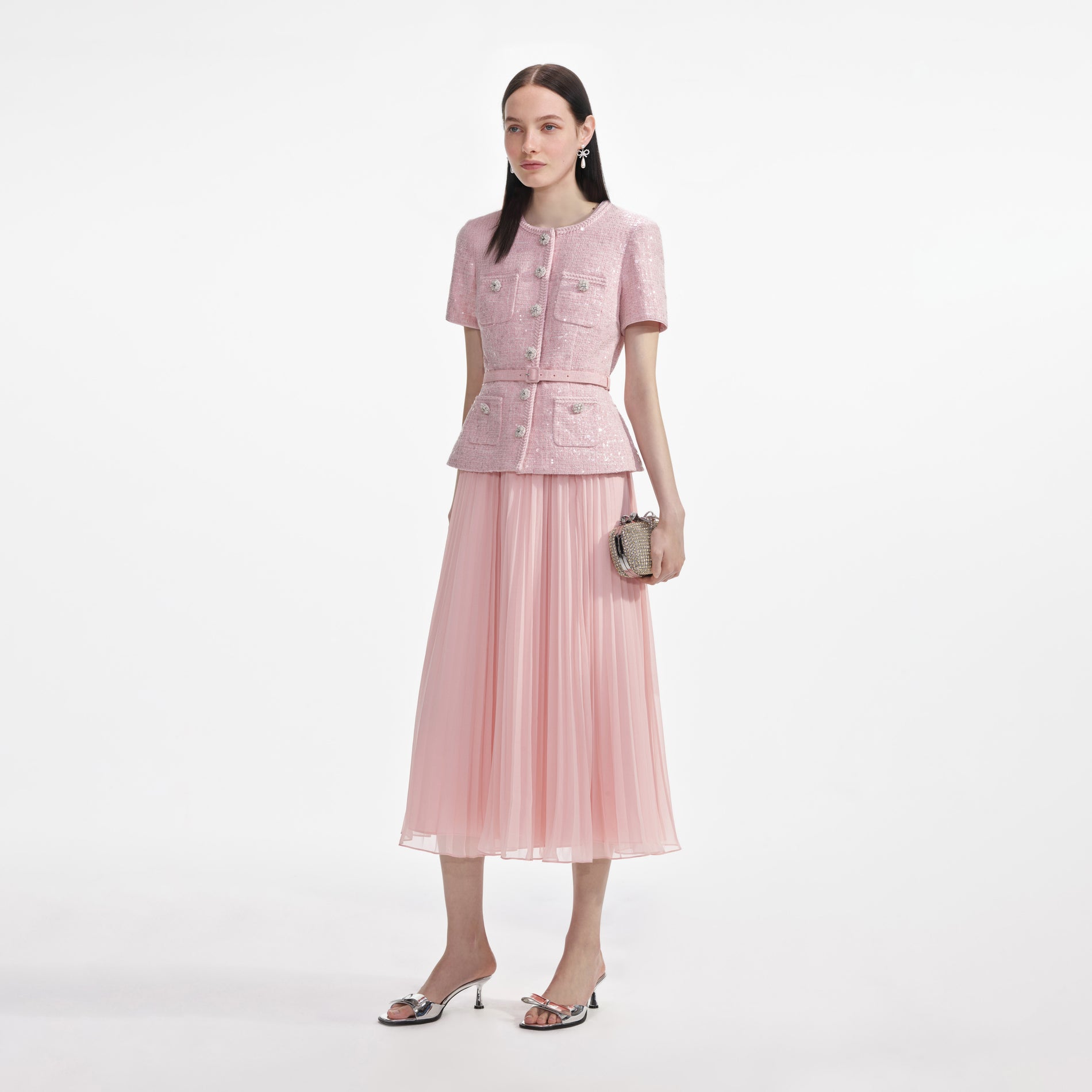 Pink Boucle Sequin Midi Dress