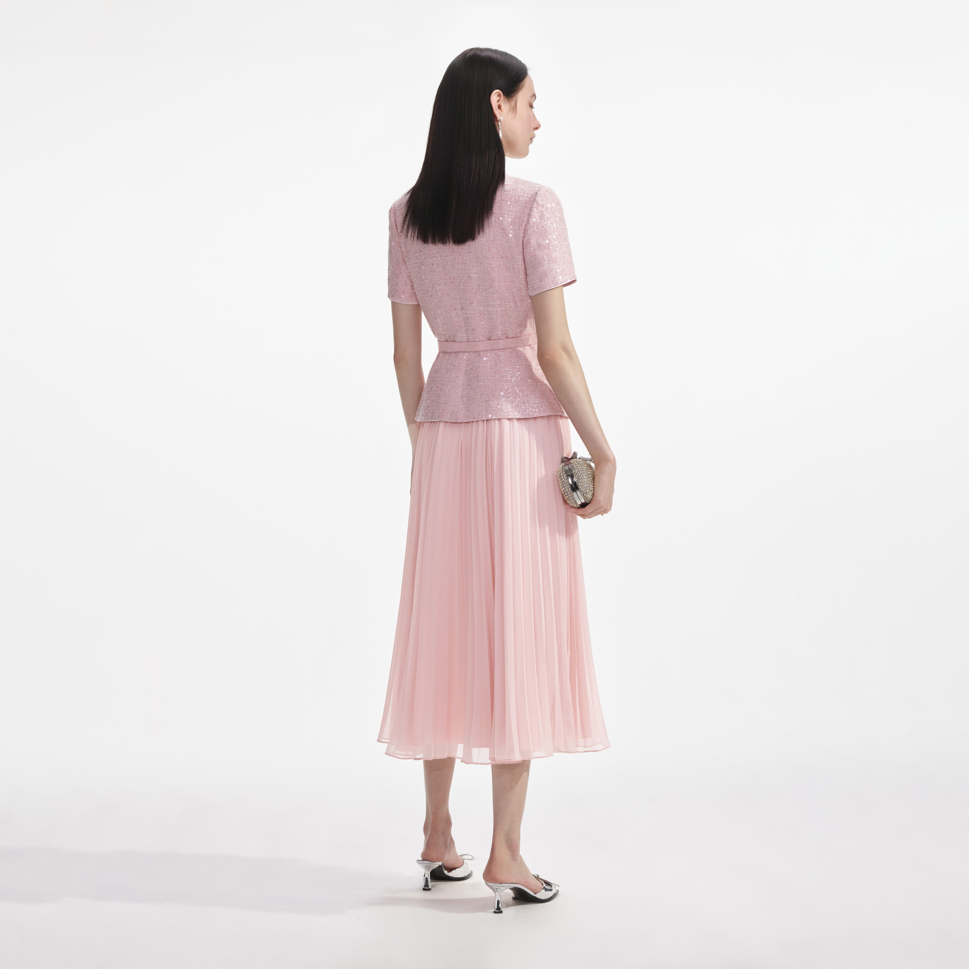 Pink Boucle Sequin Midi Dress