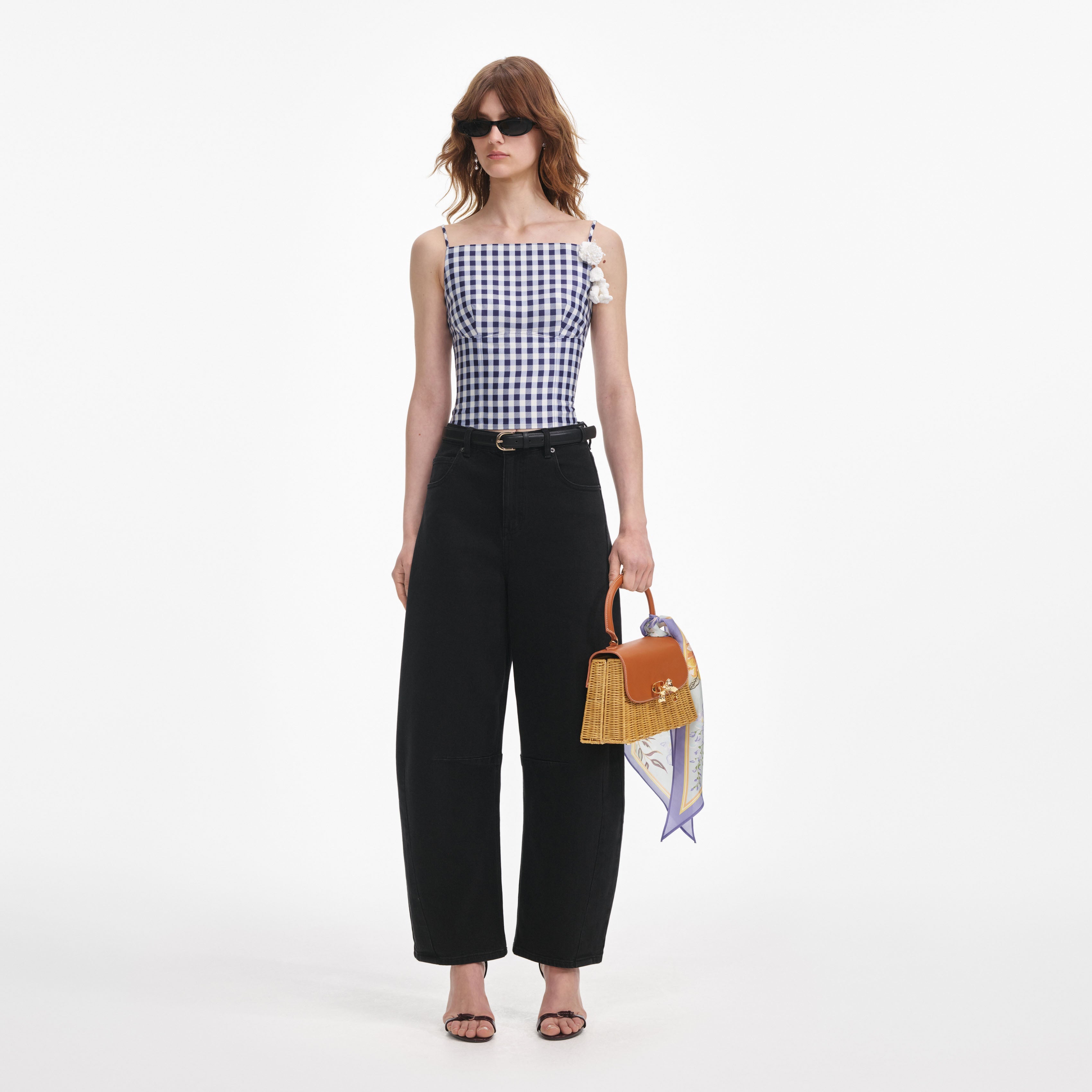 Navy Gingham Taffeta Top
