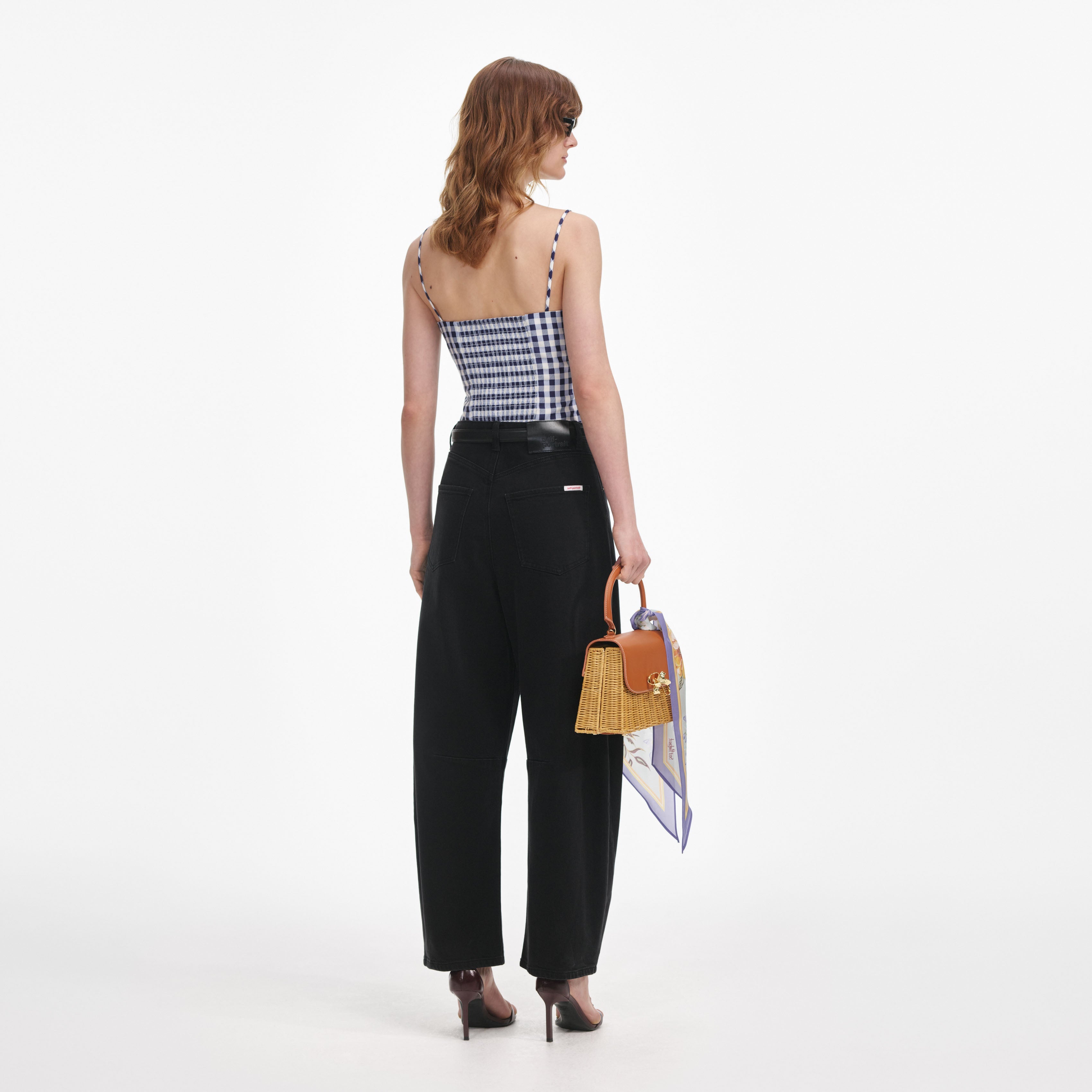 Navy Gingham Taffeta Top