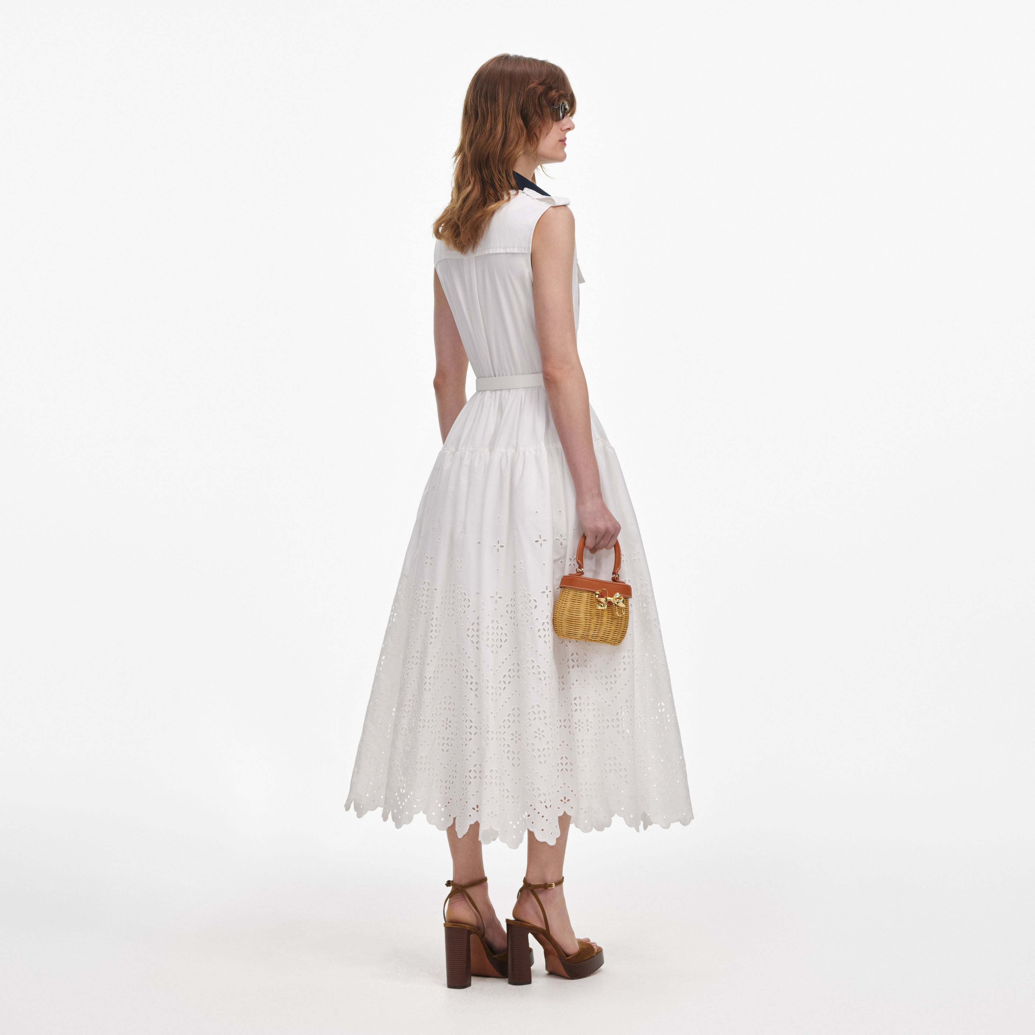 White Contrast Collar Broderie Midi Dress