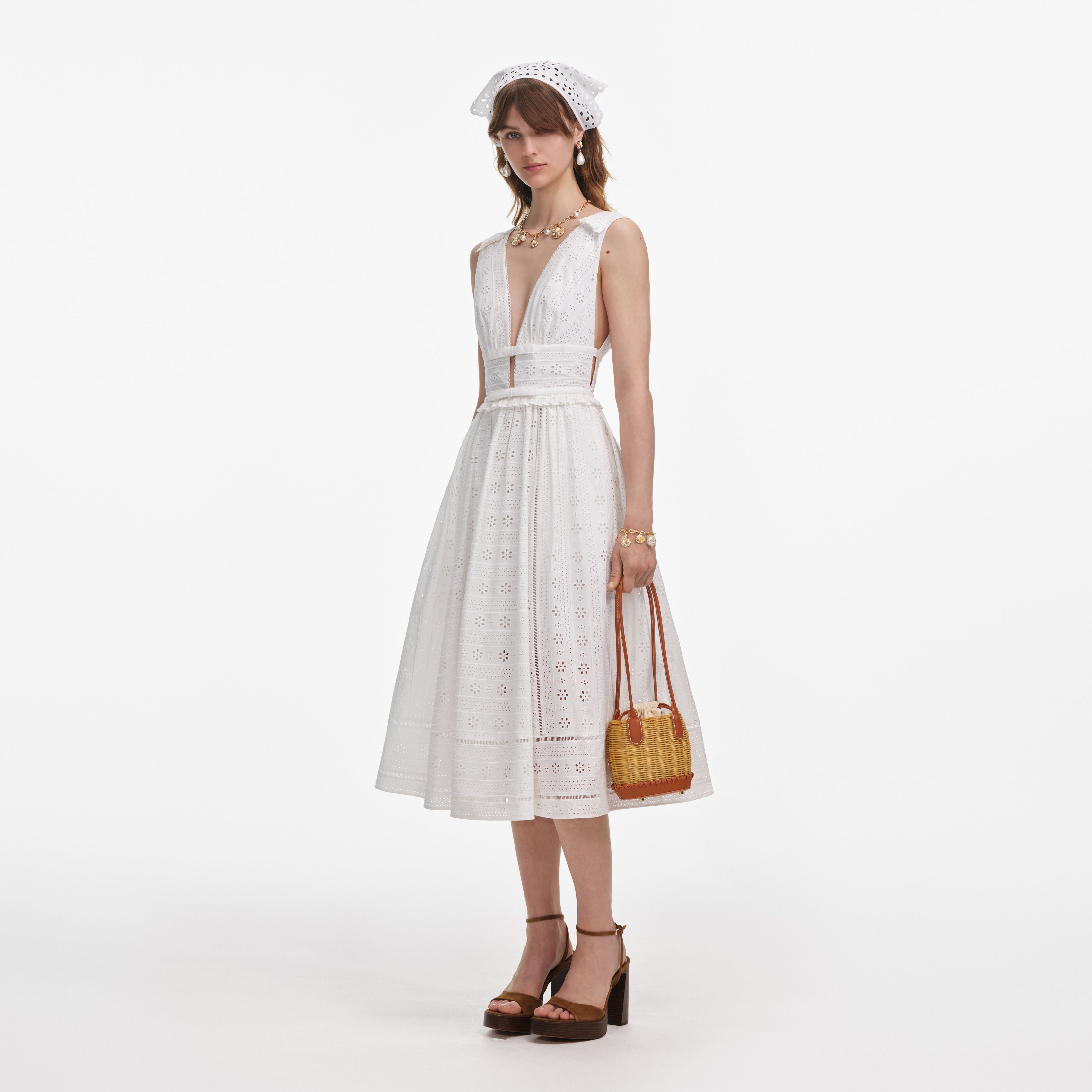 White Cotton Broderie Midi Dress