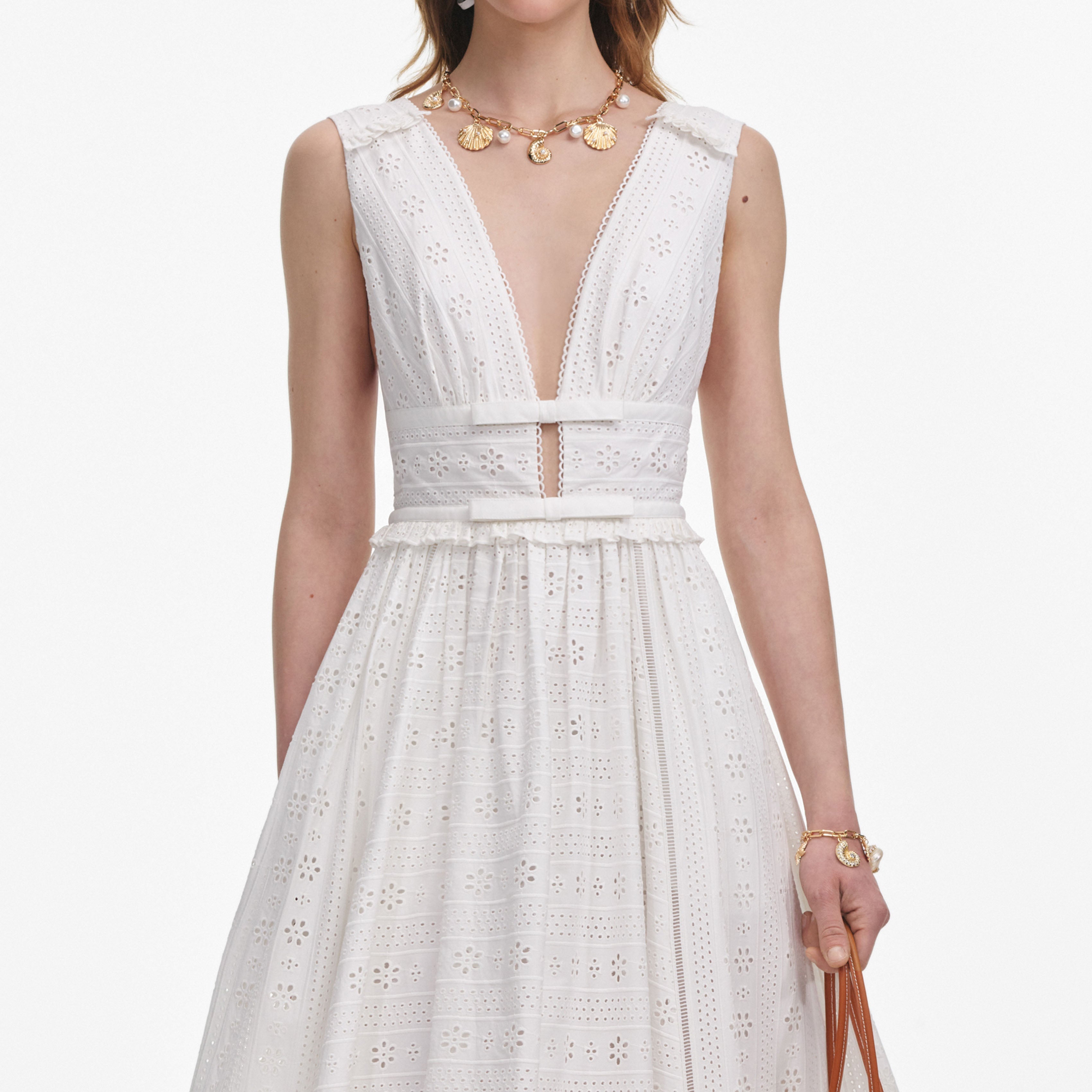 White Cotton Broderie Midi Dress
