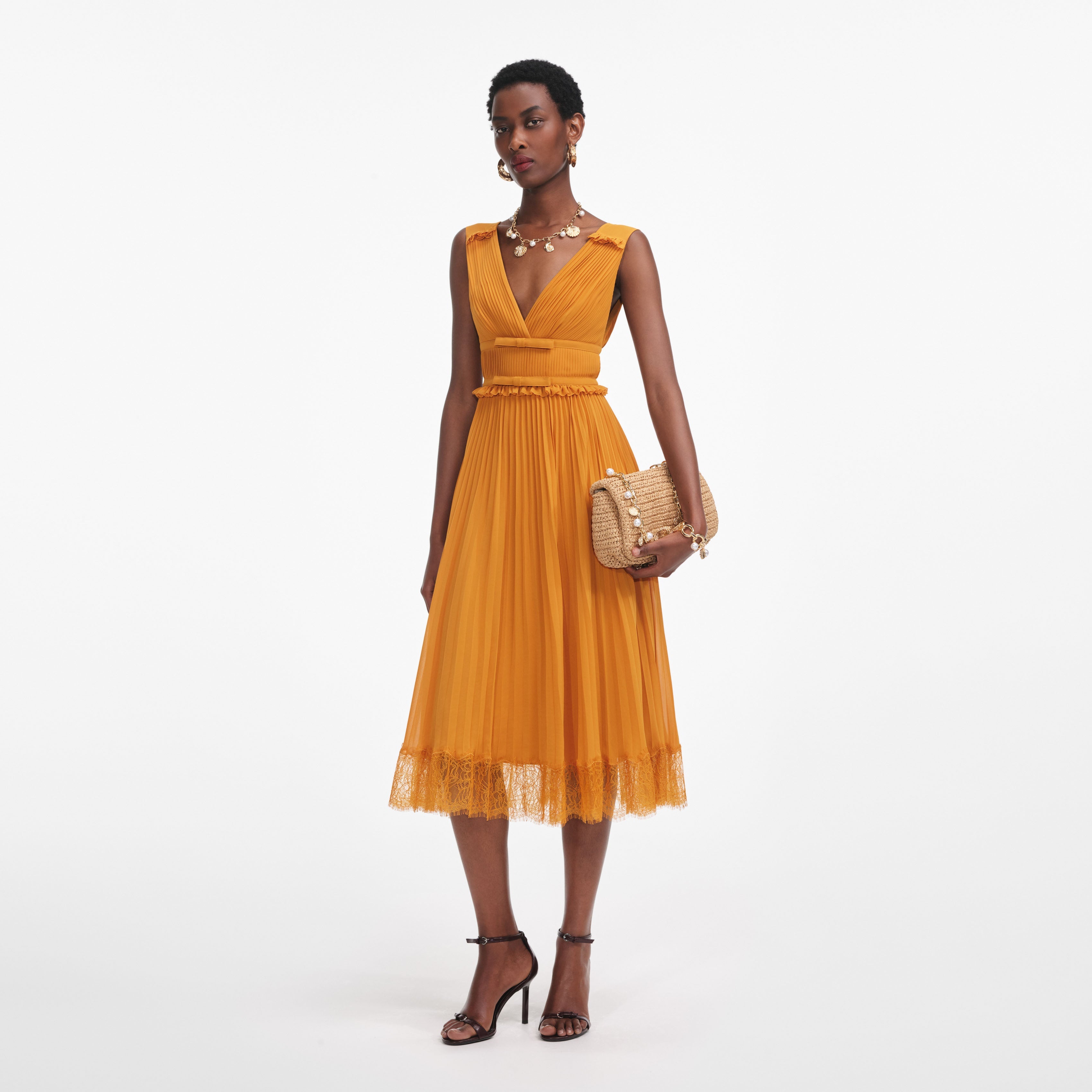 Burnt Orange Chiffon Midi Dress