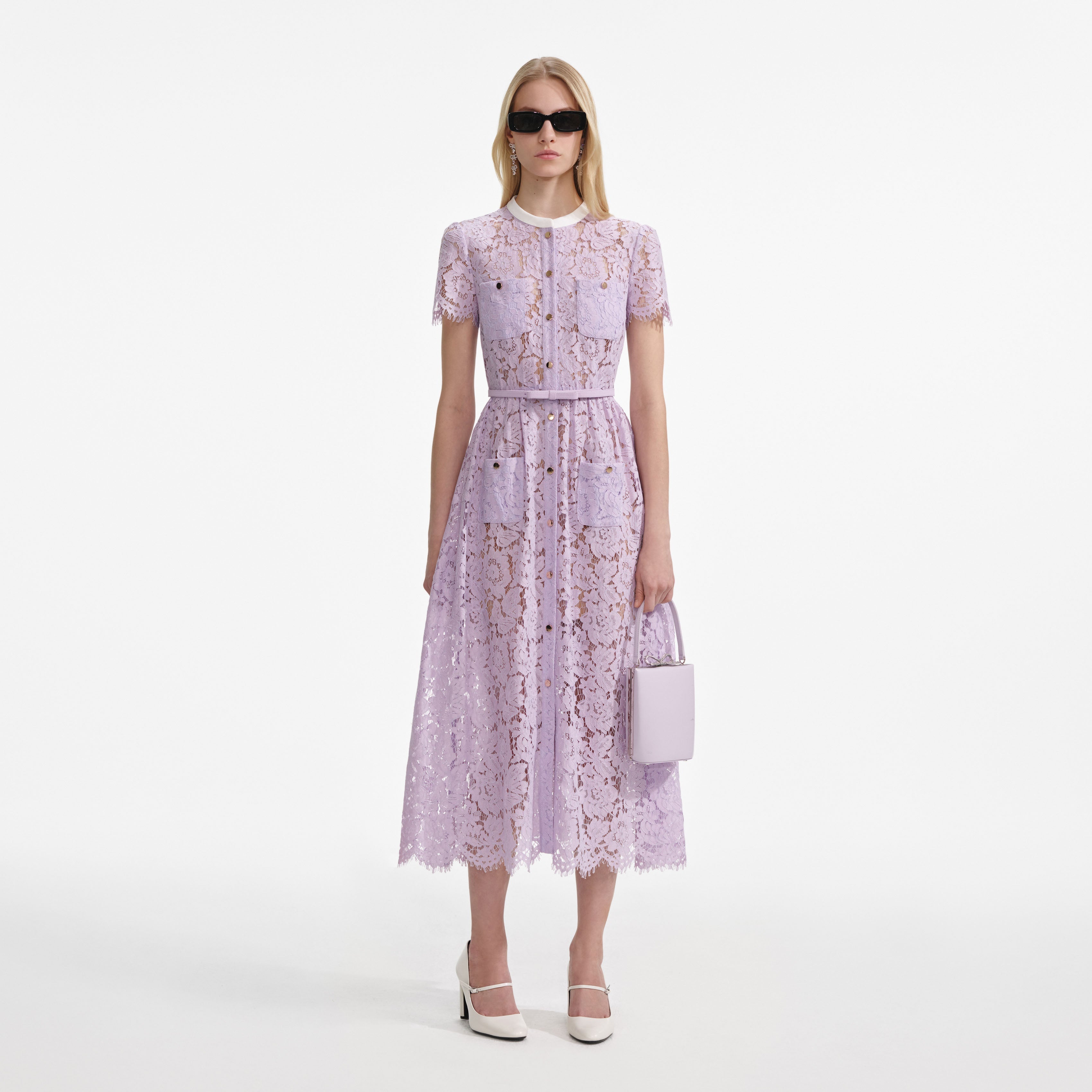Lilac Lace Button Front Midi Dress