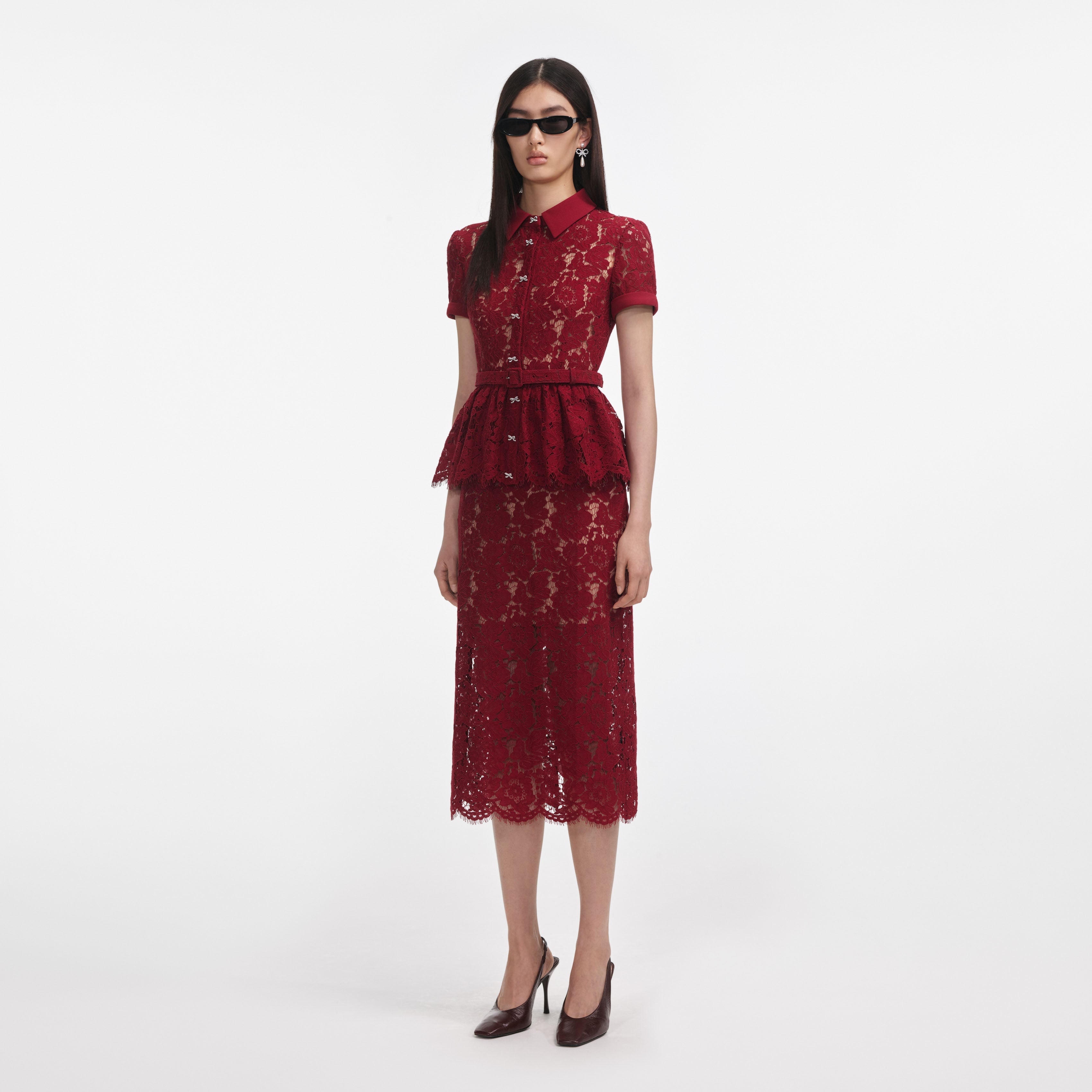 Burgundy Lace Peplum Midi Dress