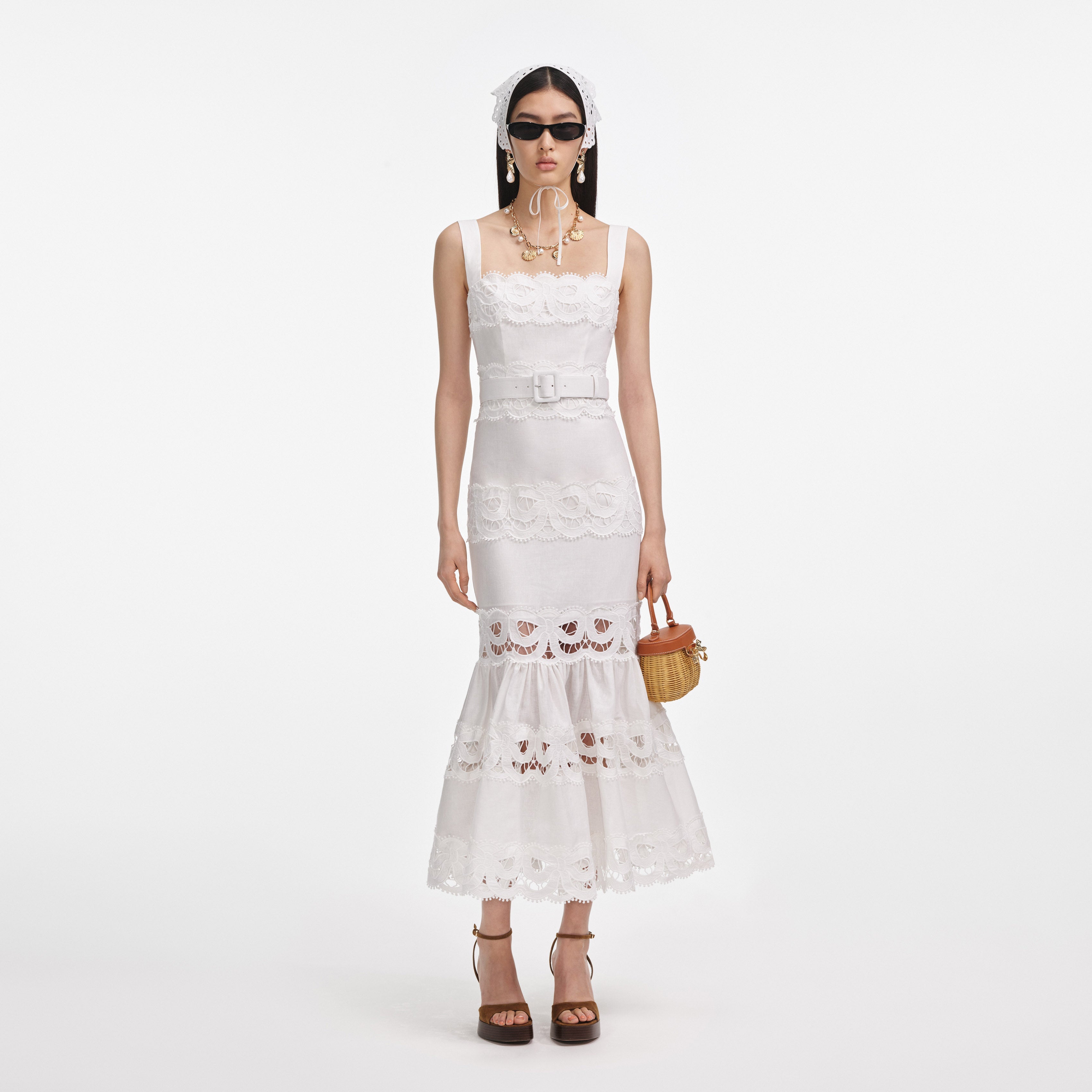 White Linen Lace Insert Midi Dress