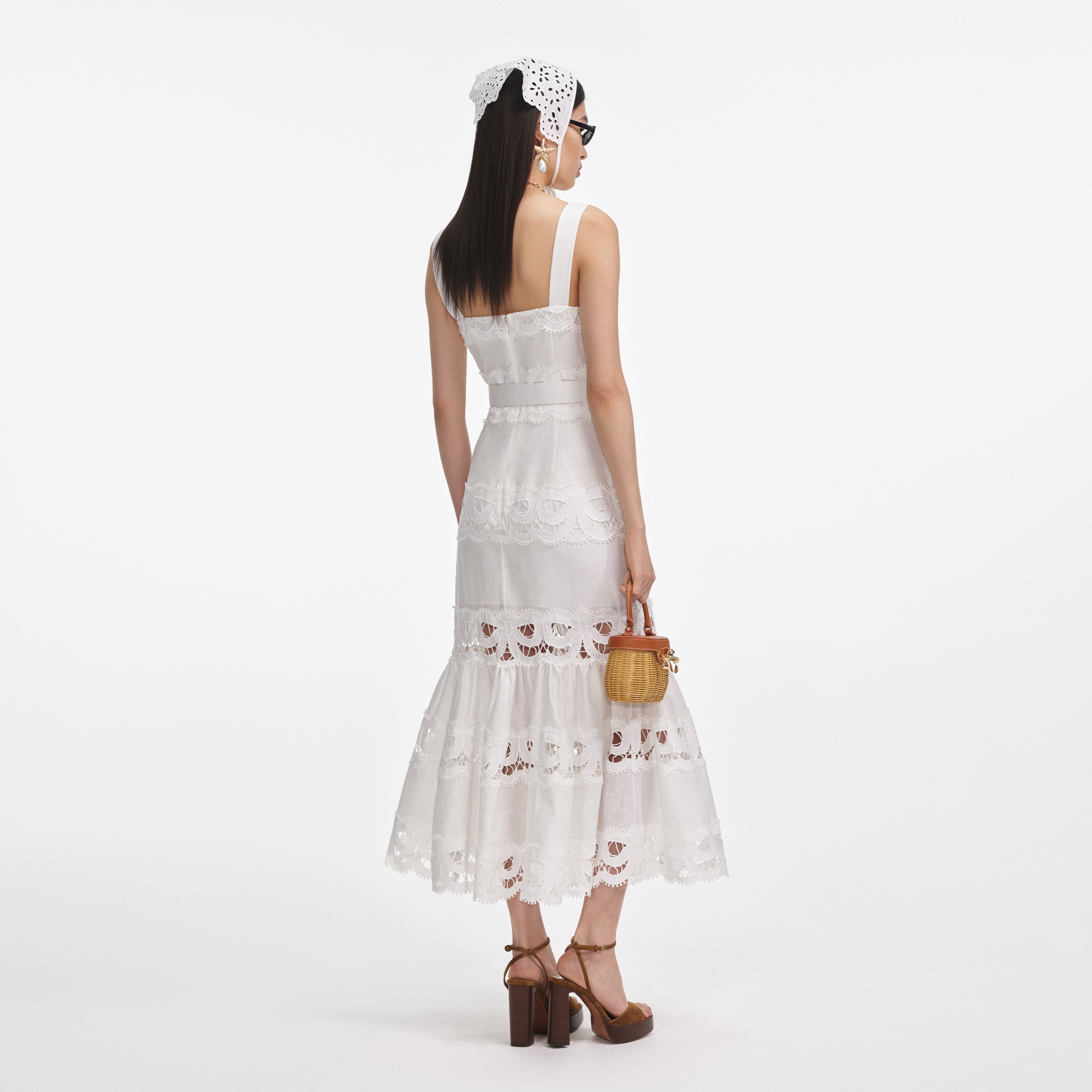White Linen Lace Insert Midi Dress